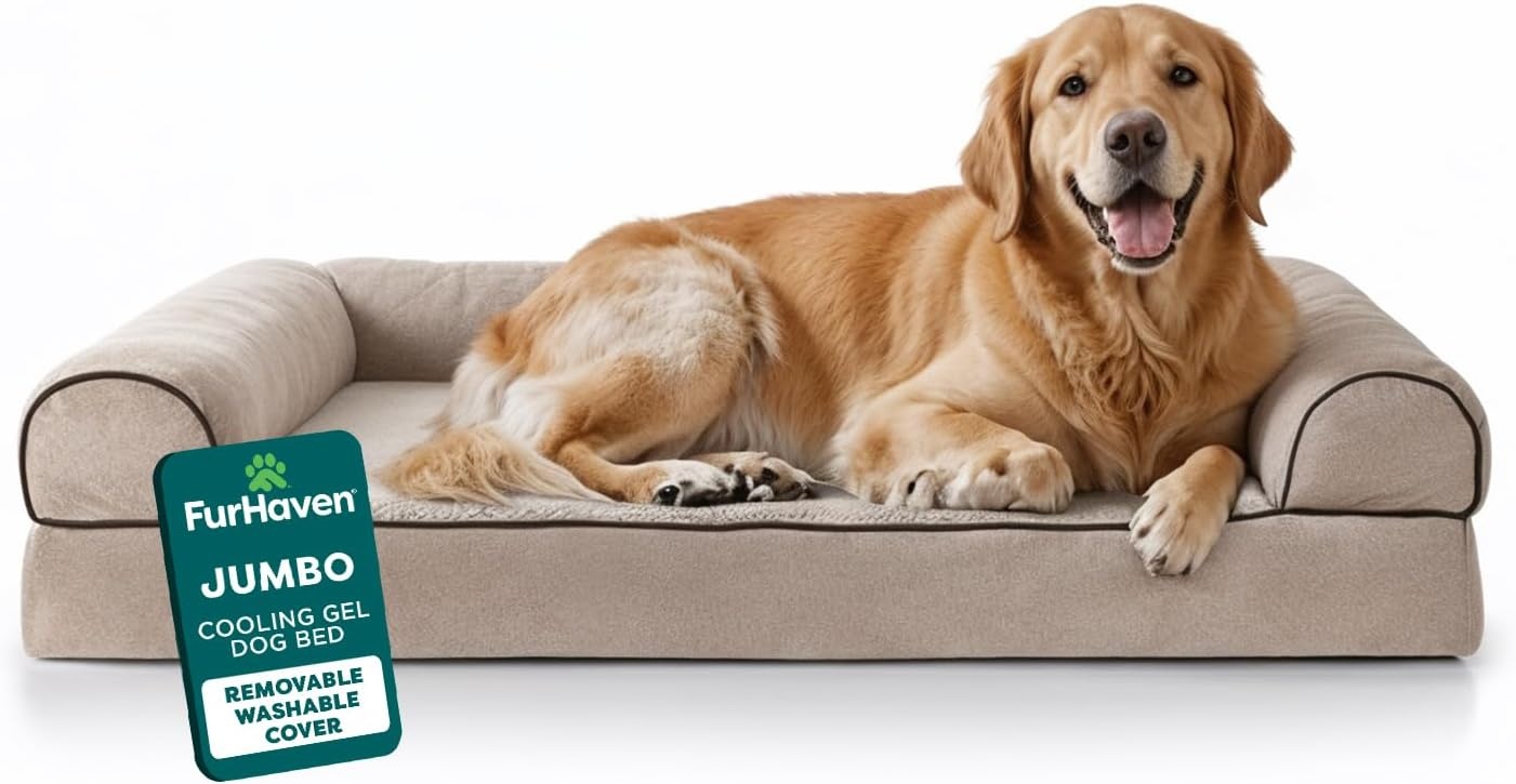 image:imageFurHaven Orthopedic Dog Bed for Large Dogs SofaStyle with Cool GelTop Foam with a Solid Orthopedic Foam Base for Joint Support Removable Washable Cover Jumbo XL Plush amp Suede GrayCream