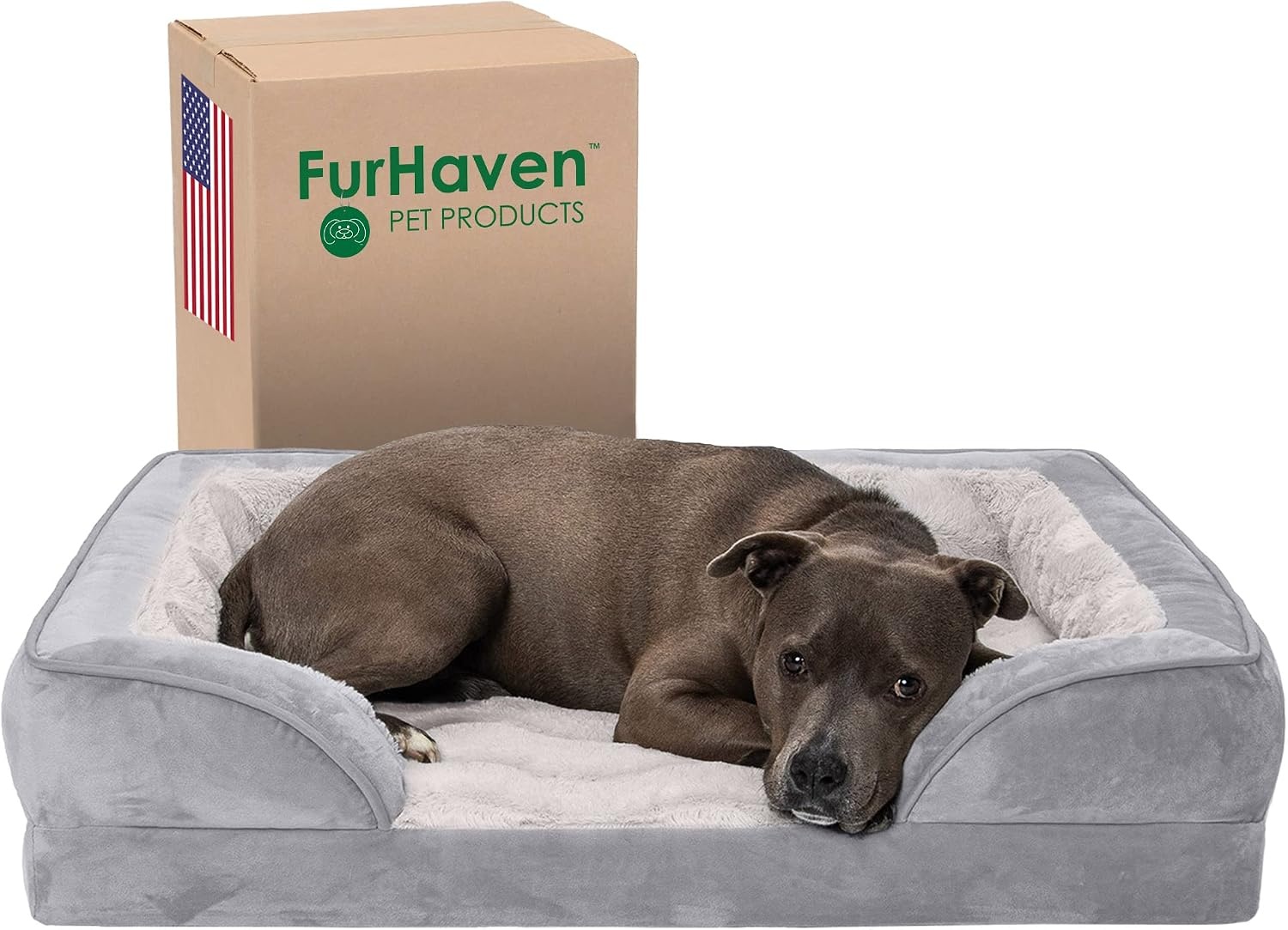 image:imageFurHaven Orthopedic Dog Bed for Medium Dogs Perfect Comfort Sofa with Removable Bolsters with Orthopedic Egg Crate Foam for Joint Support Washable Cover Medium Plush amp Velvet Waves BrownstoneGranite Gray