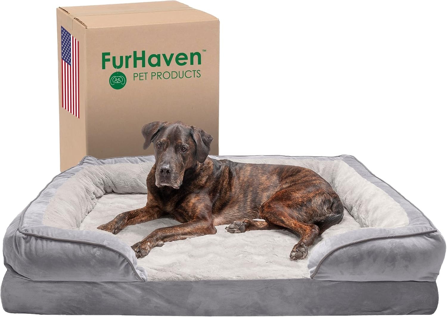 image:imageFurHaven Orthopedic Dog Bed for Medium Dogs Perfect Comfort Sofa with Removable Bolsters with Orthopedic Egg Crate Foam for Joint Support Washable Cover Medium Plush amp Velvet Waves BrownstoneGranite Gray