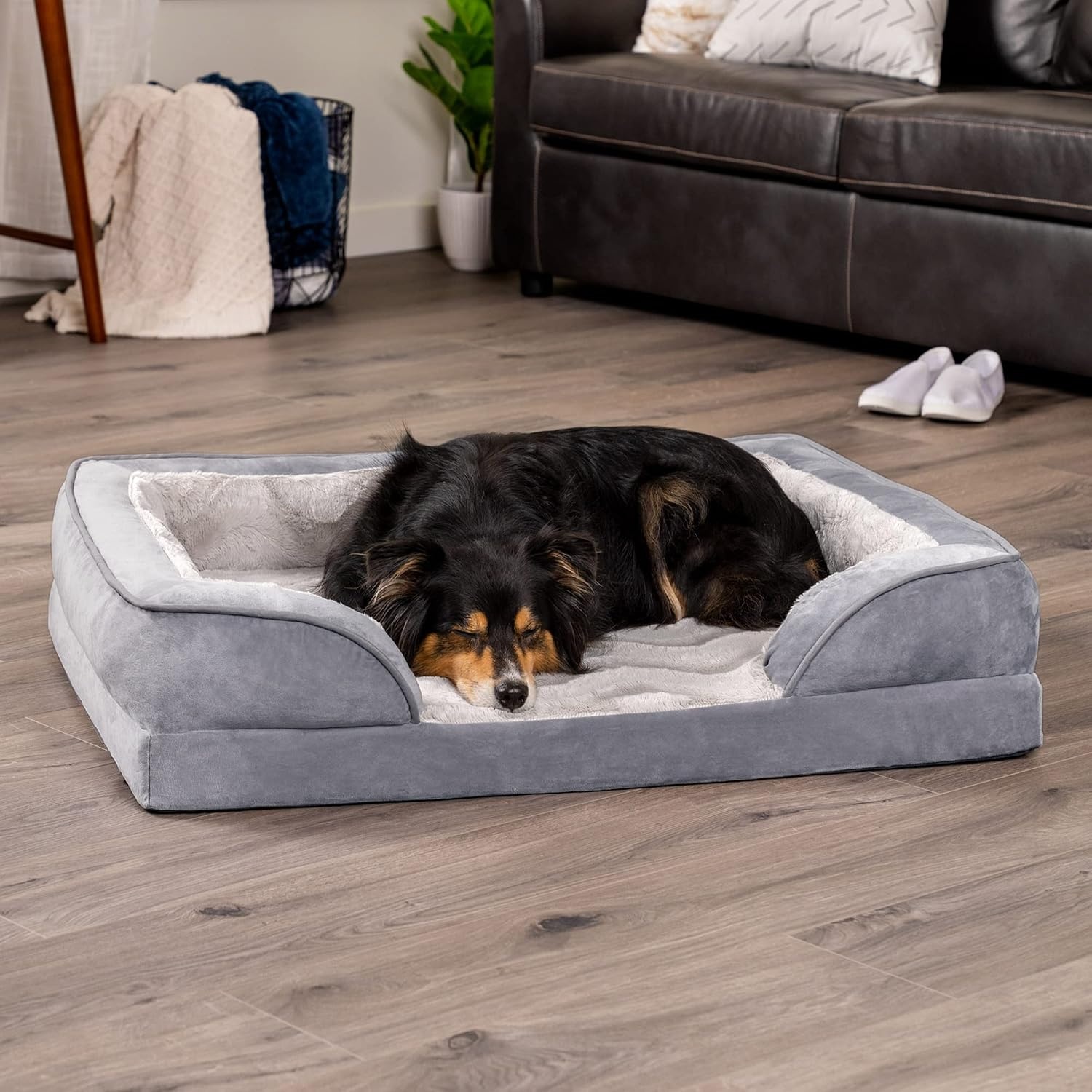 image:imageFurHaven Orthopedic Dog Bed for Medium Dogs Perfect Comfort Sofa with Removable Bolsters with Orthopedic Egg Crate Foam for Joint Support Washable Cover Medium Plush amp Velvet Waves BrownstoneGranite Gray