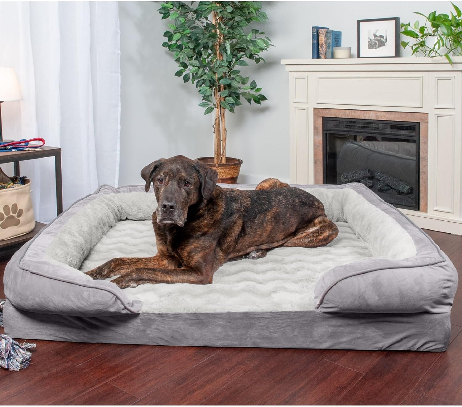 image:imageFurHaven Orthopedic Dog Bed for Medium Dogs Perfect Comfort Sofa with Removable Bolsters with Orthopedic Egg Crate Foam for Joint Support Washable Cover Medium Plush amp Velvet Waves BrownstoneGranite Gray