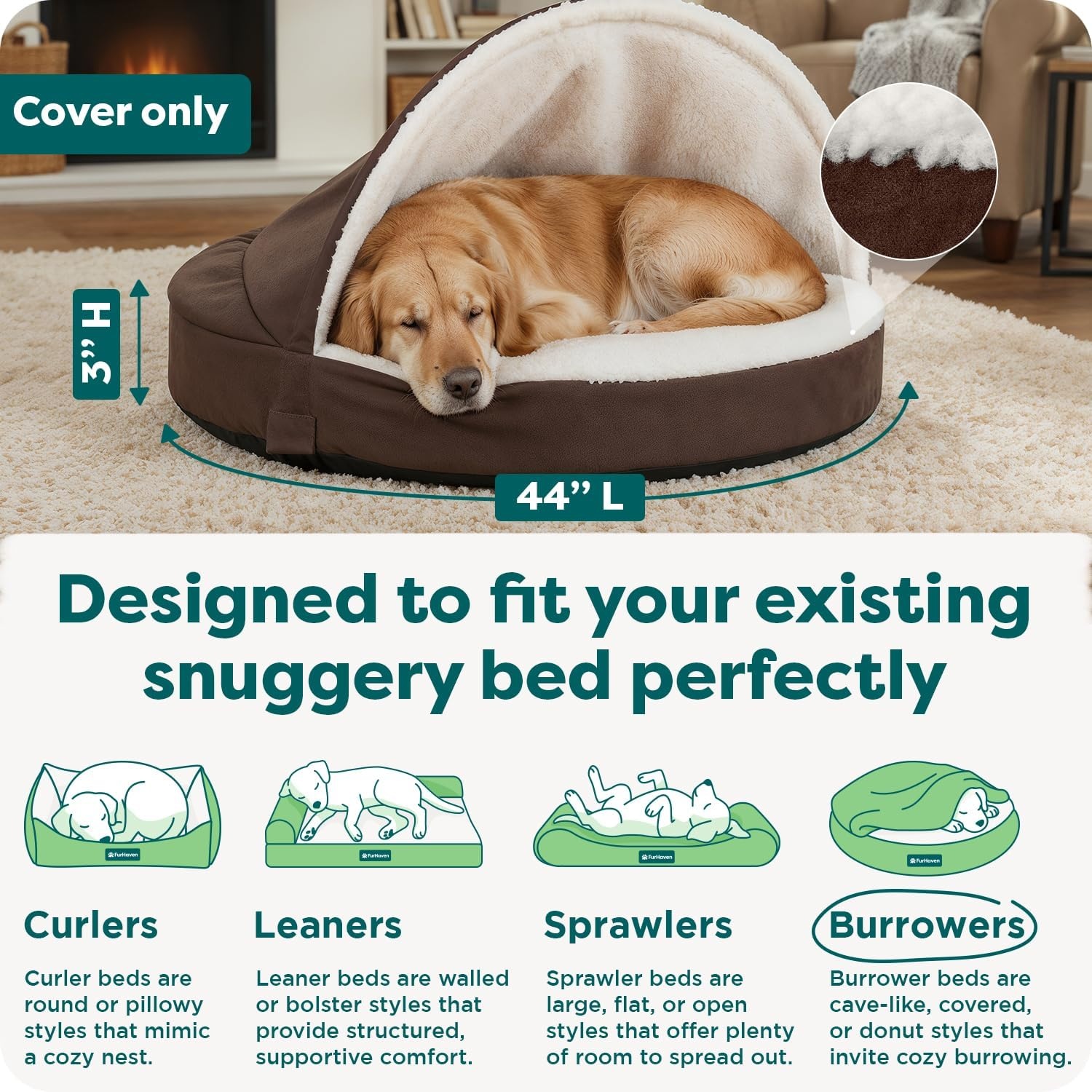 image:imageFurHaven Replacement Dog Bed Cover for Sherpa amp Suede Snuggery Fits Cool GelTop Foam Beds amp Solid Orthopedic Foam Beds Machine Washable Jumbo XL 44 inch GrayFaux Lambswool Suede Espresso