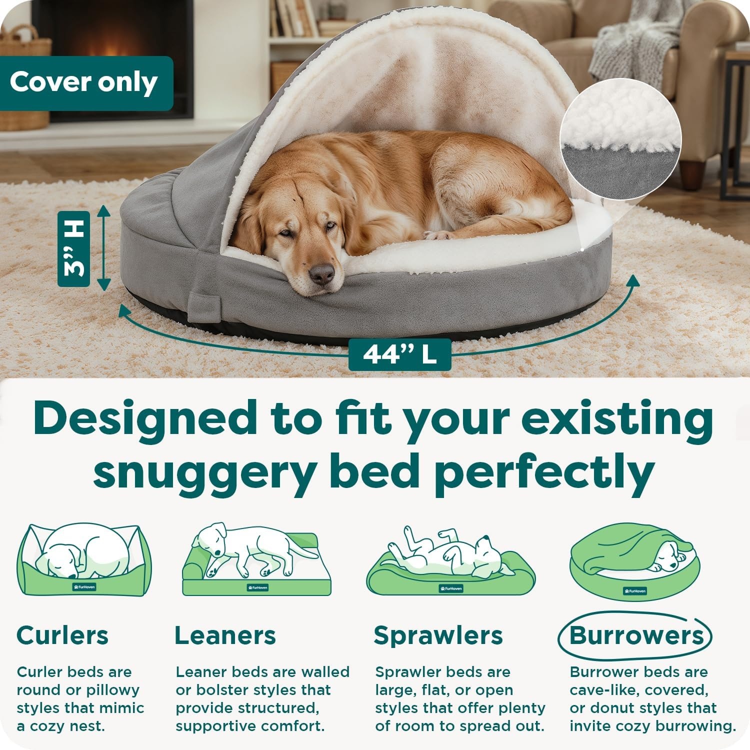 image:imageFurHaven Replacement Dog Bed Cover for Sherpa amp Suede Snuggery Fits Cool GelTop Foam Beds amp Solid Orthopedic Foam Beds Machine Washable Jumbo XL 44 inch GrayFaux Lambswool Suede Gray