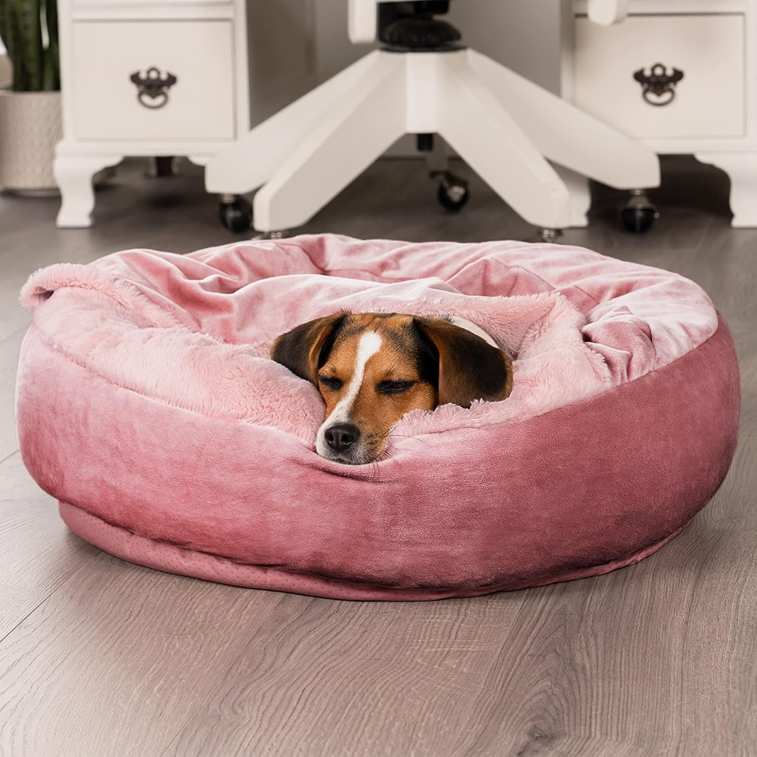 image:imageFurhaven 24 Round Calming Donut Dog Bed for Indoor Cats amp Small Dogs Washable For Dogs Up to 20 lbs Plush Velvet Waves Hooded Donut Bed Rose Pink SmallRose Pink