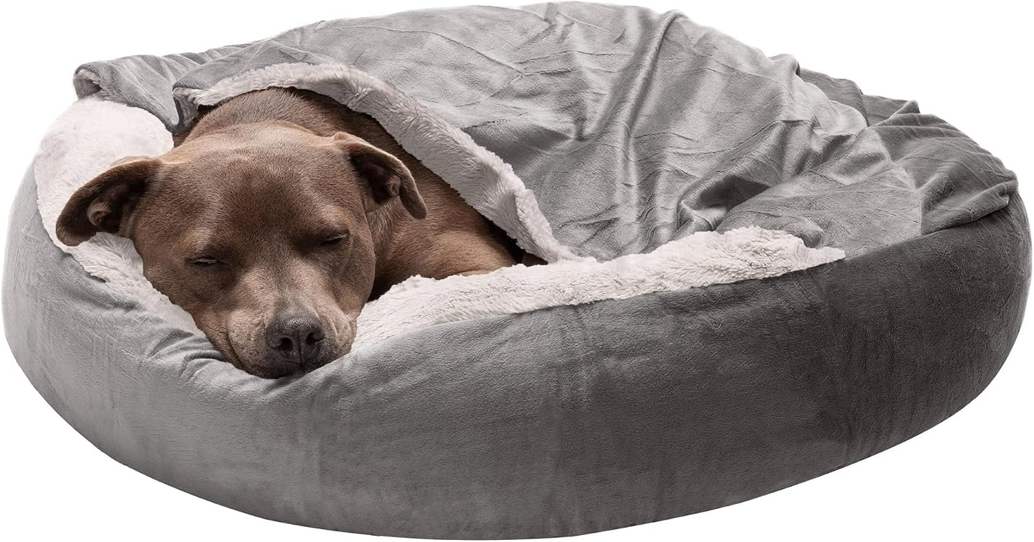 image:imageFurhaven 24 Round Calming Donut Dog Bed for Indoor Cats amp Small Dogs Washable For Dogs Up to 20 lbs Plush Velvet Waves Hooded Donut Bed Rose Pink SmallDark Gray