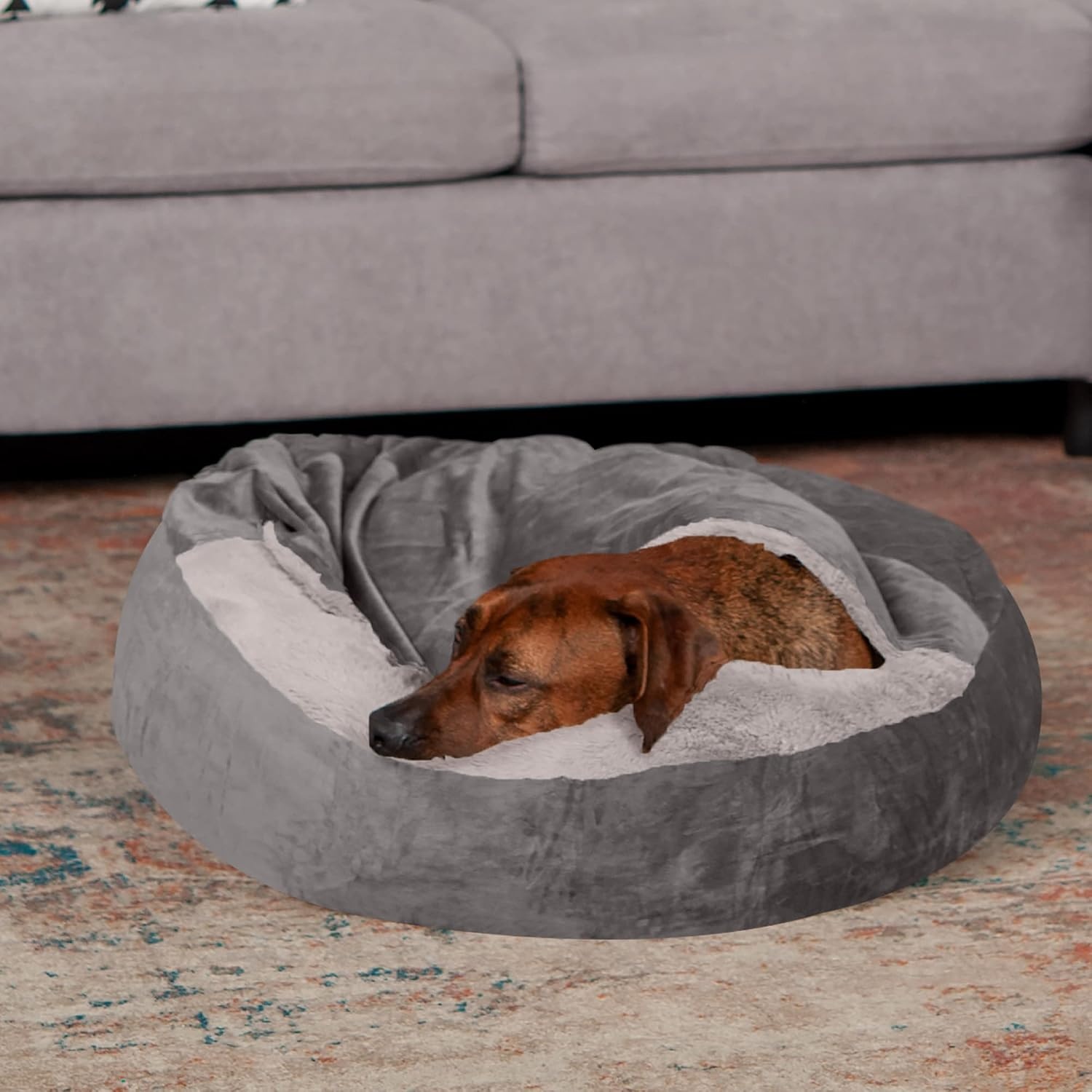 image:imageFurhaven 24 Round Calming Donut Dog Bed for Indoor Cats amp Small Dogs Washable For Dogs Up to 20 lbs Plush Velvet Waves Hooded Donut Bed Rose Pink SmallDark Gray