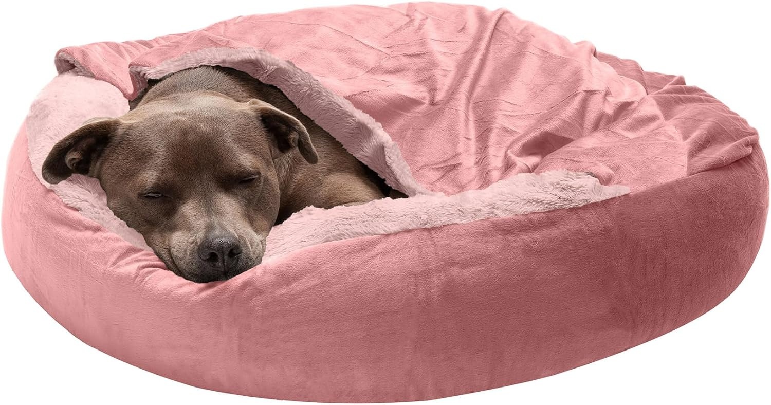image:imageFurhaven 24 Round Calming Donut Dog Bed for Indoor Cats amp Small Dogs Washable For Dogs Up to 20 lbs Plush Velvet Waves Hooded Donut Bed Rose Pink SmallRose Pink