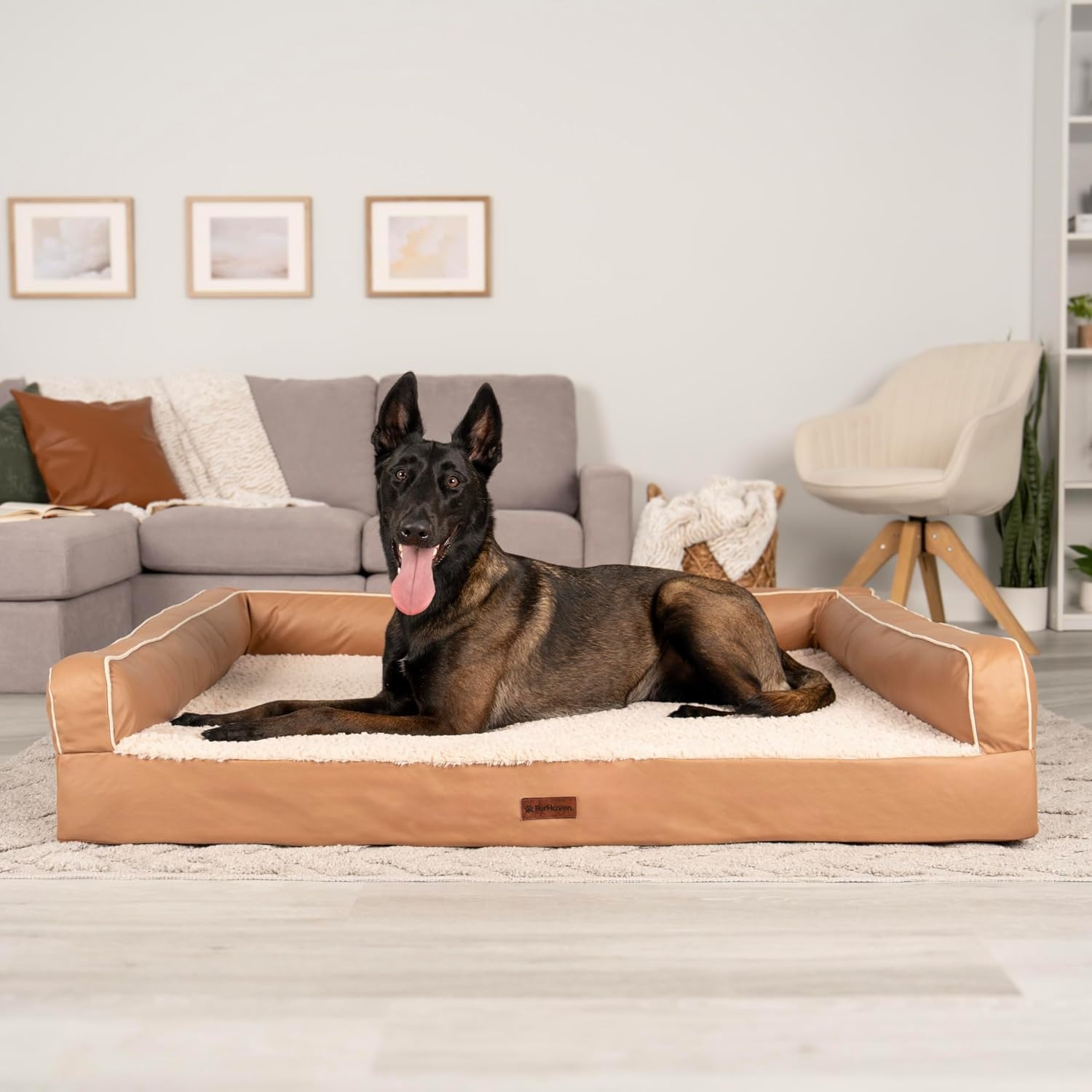 image:imageFurhaven Cooling Dog Sofa Bed Memory Foam Couch with Bolsters Textured Plush amp WaterResistant Cover Washable Cover Greige JumboCamel