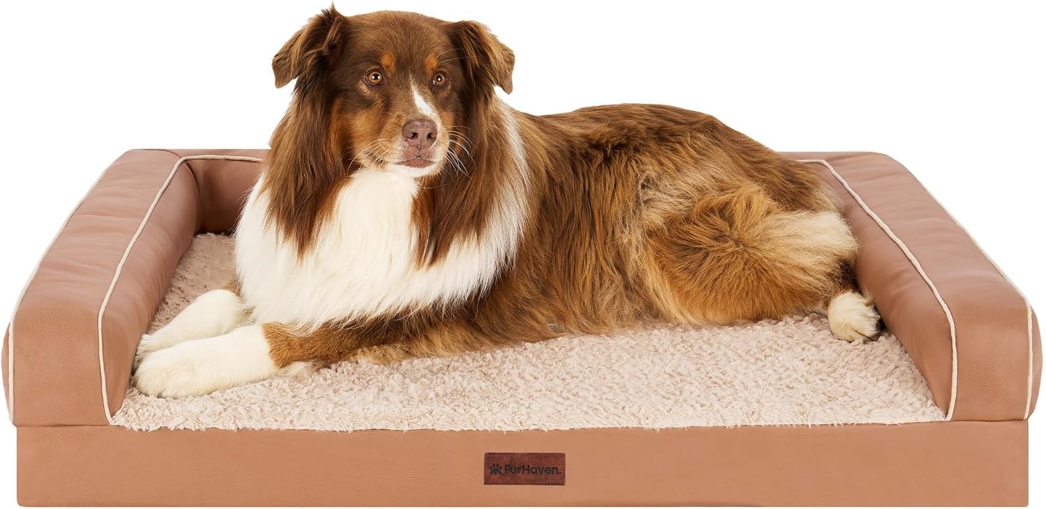 image:imageFurhaven Cooling Dog Sofa Bed Memory Foam Couch with Bolsters Textured Plush amp WaterResistant Cover Washable Cover Greige JumboCamel