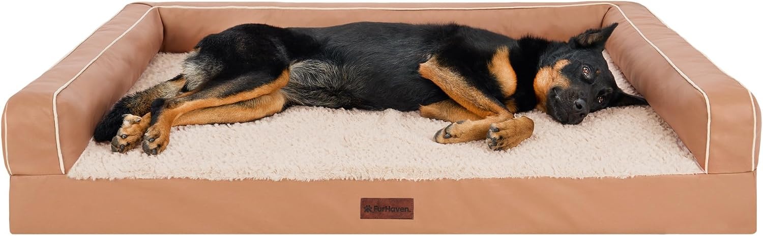 image:imageFurhaven Cooling Dog Sofa Bed Memory Foam Couch with Bolsters Textured Plush amp WaterResistant Cover Washable Cover Greige JumboCamel