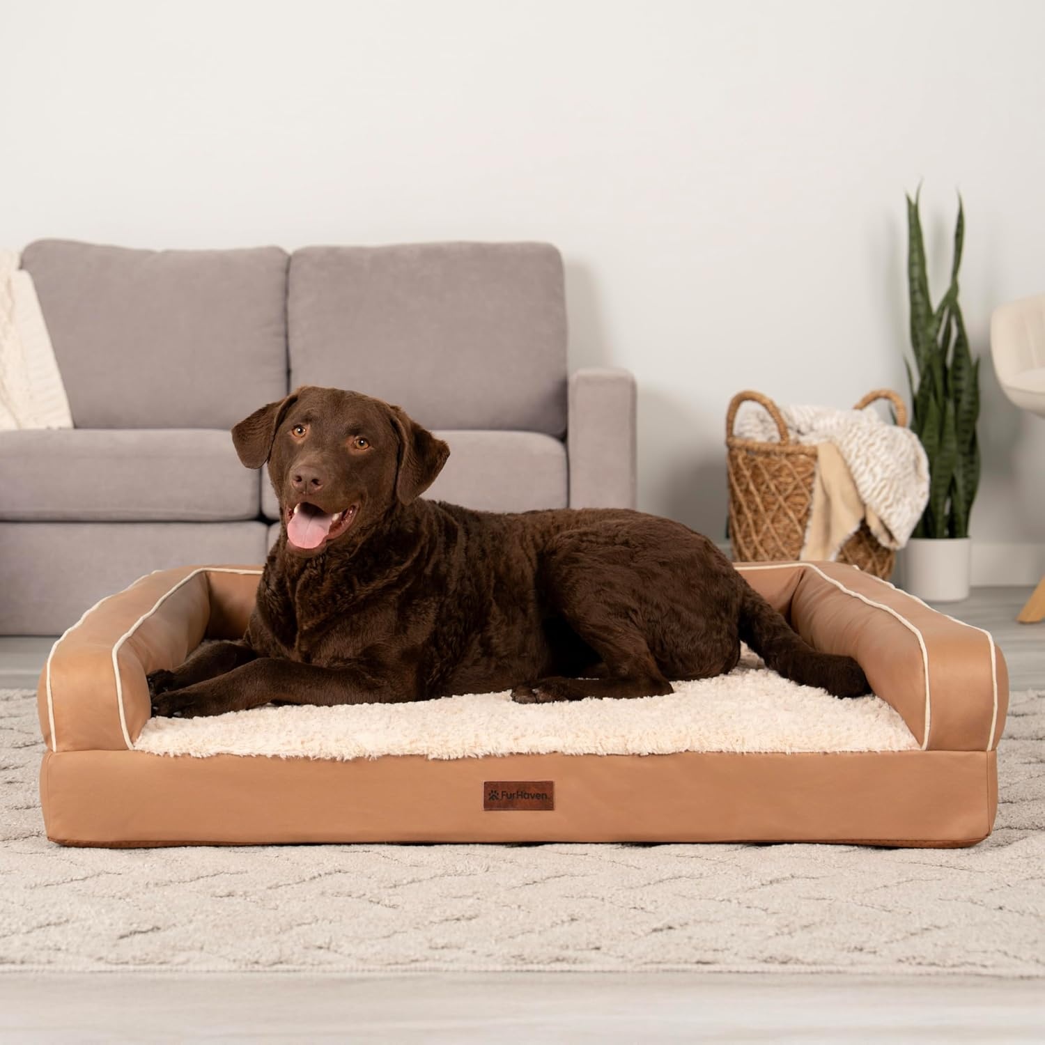 image:imageFurhaven Cooling Dog Sofa Bed Memory Foam Couch with Bolsters Textured Plush amp WaterResistant Cover Washable Cover Greige JumboCamel