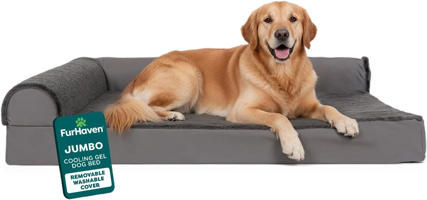image:imageFurhaven Cooling Gel Dog Bed for Large Dogs w Removable Bolsters amp Washable Cover For Dogs Up to 125 lbs TwoTone Plush Faux Fur amp Suede L Shaped Chaise Espresso Jumbo PlusXXLPlush Velvet Platinum Gray
