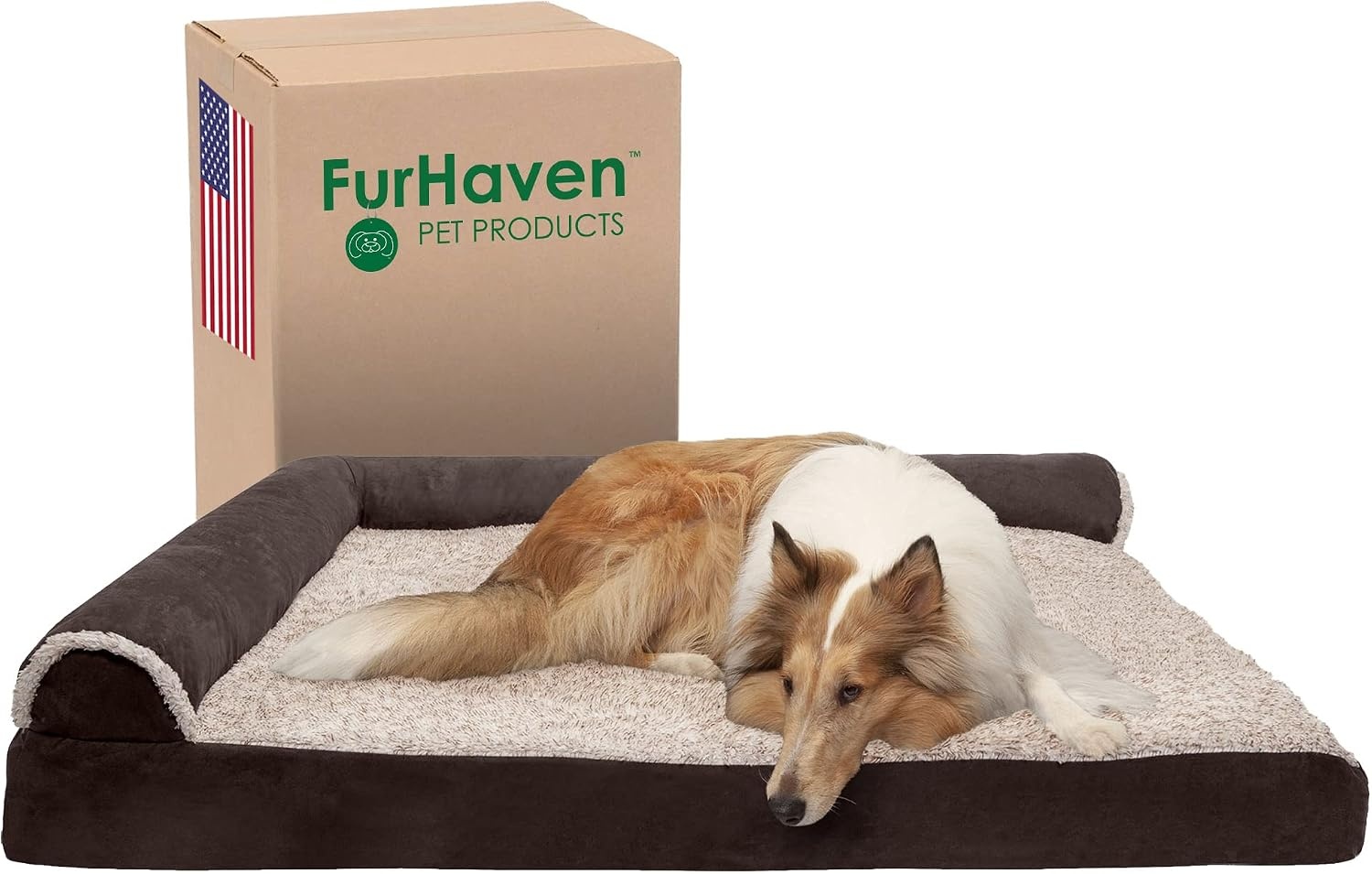 image:imageFurhaven Cooling Gel Dog Bed for Large Dogs w Removable Bolsters amp Washable Cover For Dogs Up to 125 lbs TwoTone Plush Faux Fur amp Suede L Shaped Chaise Espresso Jumbo PlusXXLTwoTone Faux Fur Suede Espresso