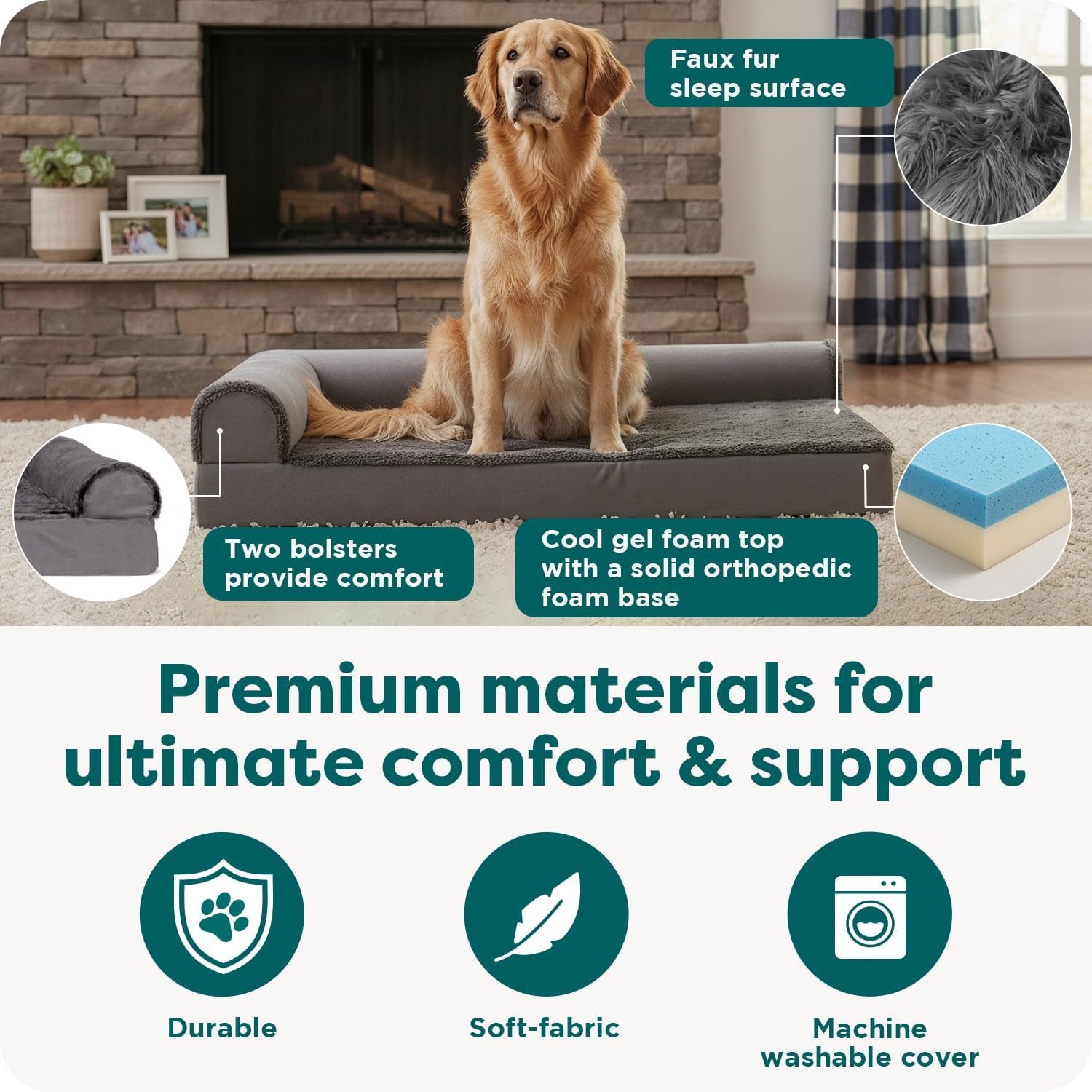 image:imageFurhaven Cooling Gel Dog Bed for Large Dogs w Removable Bolsters amp Washable Cover For Dogs Up to 125 lbs TwoTone Plush Faux Fur amp Suede L Shaped Chaise Espresso Jumbo PlusXXLPlush Velvet Platinum Gray