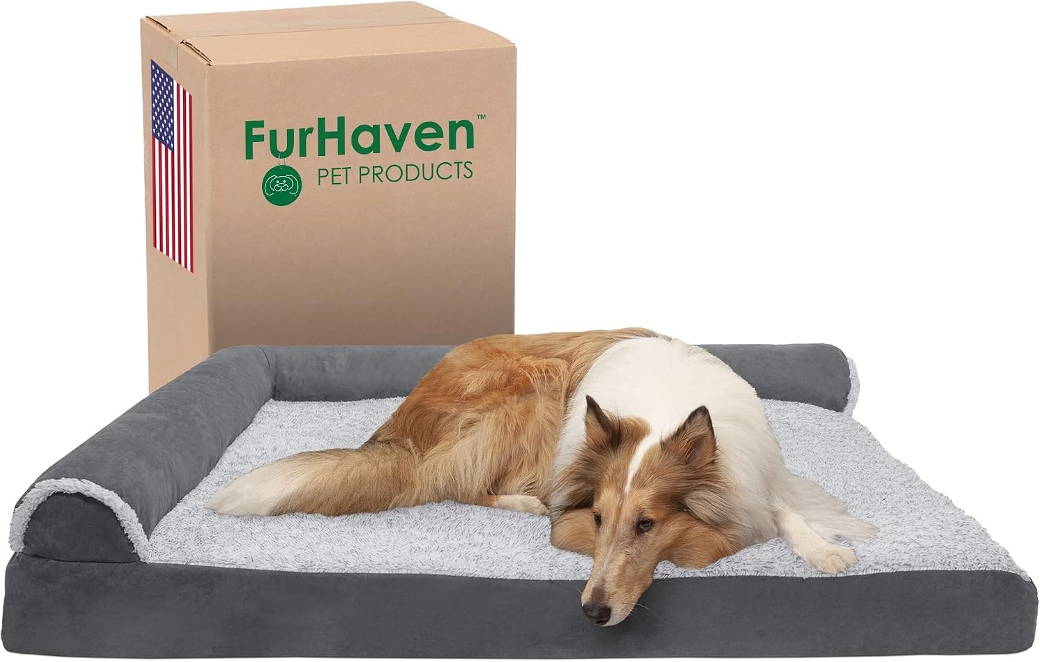 image:imageFurhaven Cooling Gel Dog Bed for Large Dogs w Removable Bolsters amp Washable Cover For Dogs Up to 125 lbs TwoTone Plush Faux Fur amp Suede L Shaped Chaise Espresso Jumbo PlusXXLTwoTone Faux Fur Suede Stone Gray