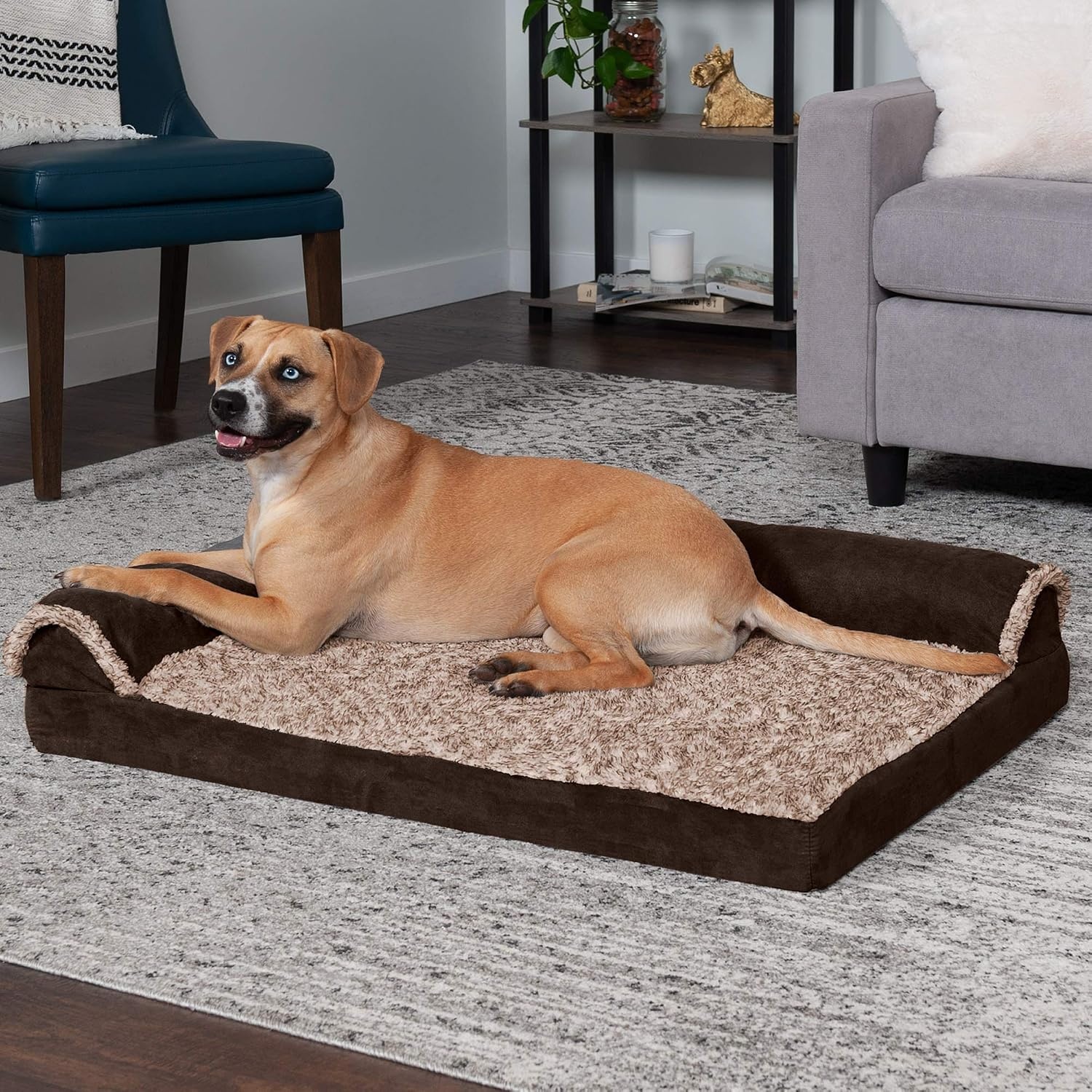 image:imageFurhaven Cooling Gel Dog Bed for Large Dogs w Removable Bolsters amp Washable Cover For Dogs Up to 125 lbs TwoTone Plush Faux Fur amp Suede L Shaped Chaise Espresso Jumbo PlusXXLTwoTone Faux Fur Suede Espresso