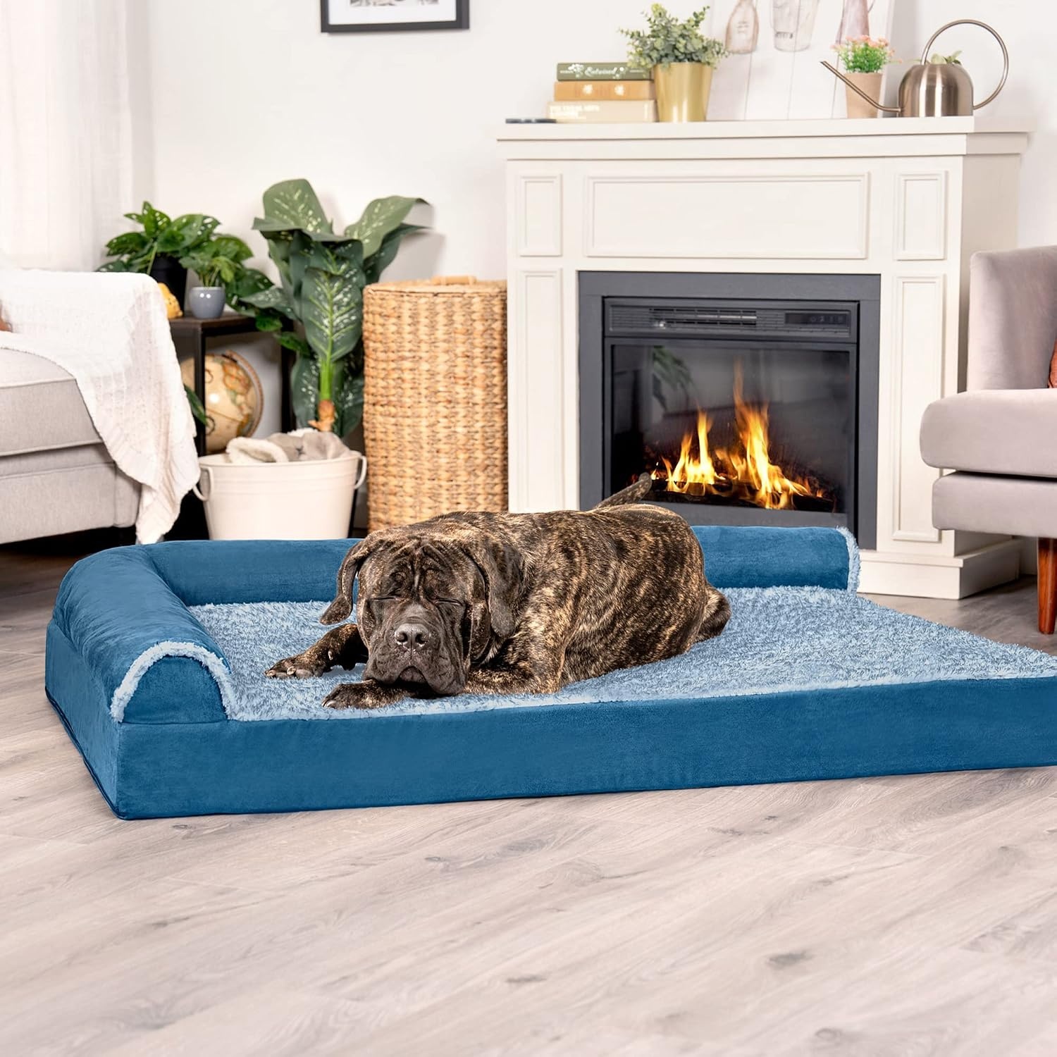 image:imageFurhaven Cooling Gel Dog Bed for Large Dogs w Removable Bolsters amp Washable Cover For Dogs Up to 125 lbs TwoTone Plush Faux Fur amp Suede L Shaped Chaise Espresso Jumbo PlusXXLTwoTone Faux Fur Suede Marine Blue