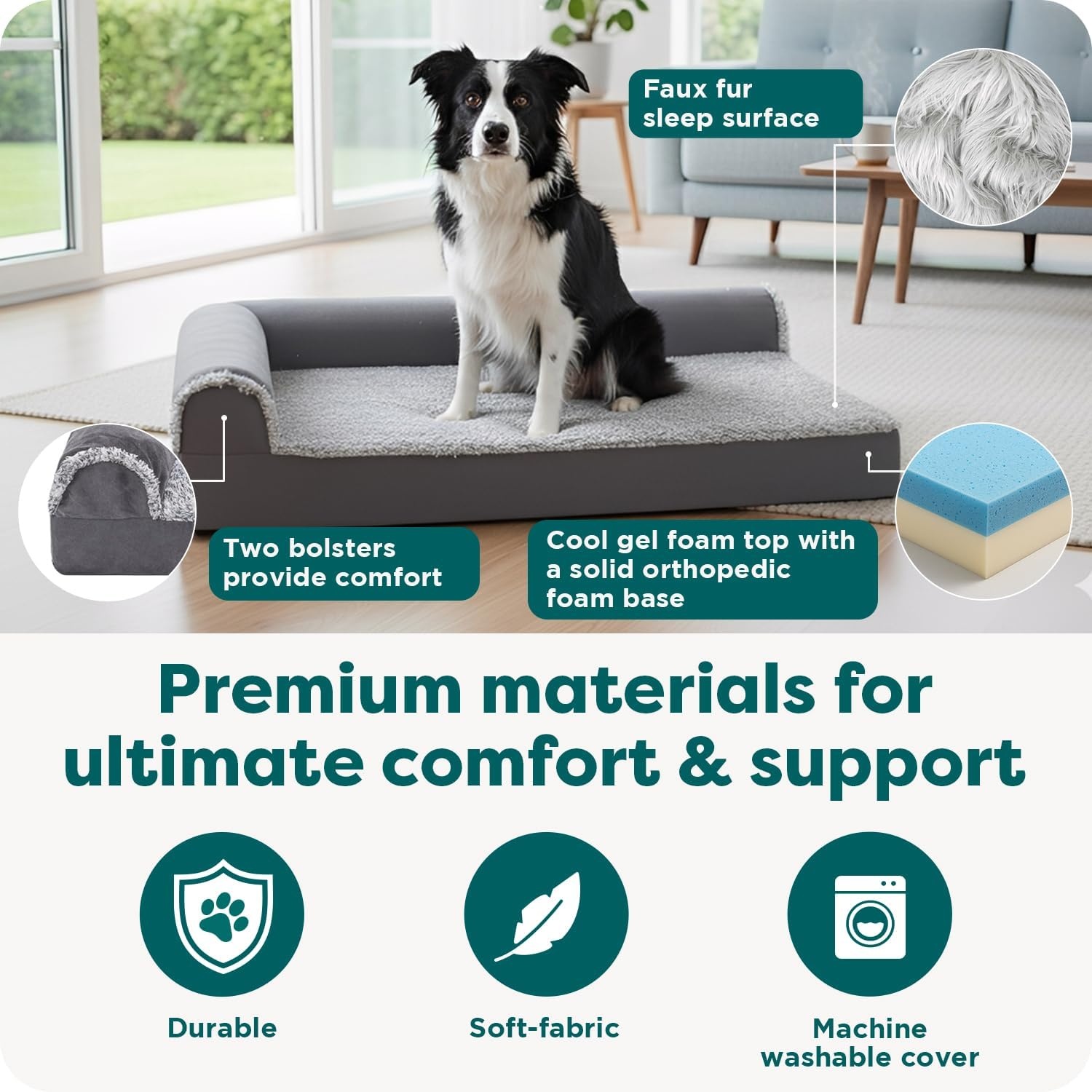 image:imageFurhaven Cooling Gel Dog Bed for Large Dogs w Removable Bolsters amp Washable Cover For Dogs Up to 125 lbs TwoTone Plush Faux Fur amp Suede L Shaped Chaise Espresso Jumbo PlusXXLTwoTone Faux Fur Suede Stone Gray