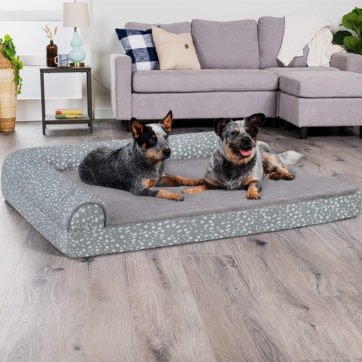 image:imageFurhaven Cooling Gel Dog Bed for Large Dogs w Removable Bolsters amp Washable Cover For Dogs Up to 125 lbs TwoTone Plush Faux Fur amp Suede L Shaped Chaise Espresso Jumbo PlusXXLPlush Almond Print Gray Almonds
