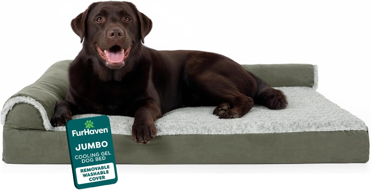 image:imageFurhaven Cooling Gel Dog Bed for Large Dogs w Removable Bolsters amp Washable Cover For Dogs Up to 125 lbs TwoTone Plush Faux Fur amp Suede L Shaped Chaise Espresso Jumbo PlusXXLTwoTone Faux Fur Suede Dark Sage