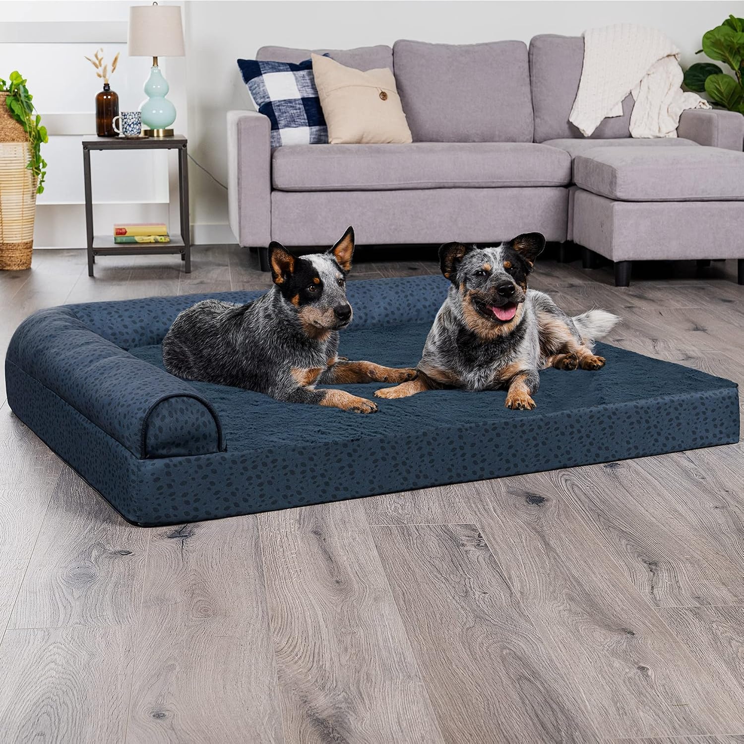 image:imageFurhaven Cooling Gel Dog Bed for Large Dogs w Removable Bolsters amp Washable Cover For Dogs Up to 125 lbs TwoTone Plush Faux Fur amp Suede L Shaped Chaise Espresso Jumbo PlusXXLPlush Almond Print Blue Almonds