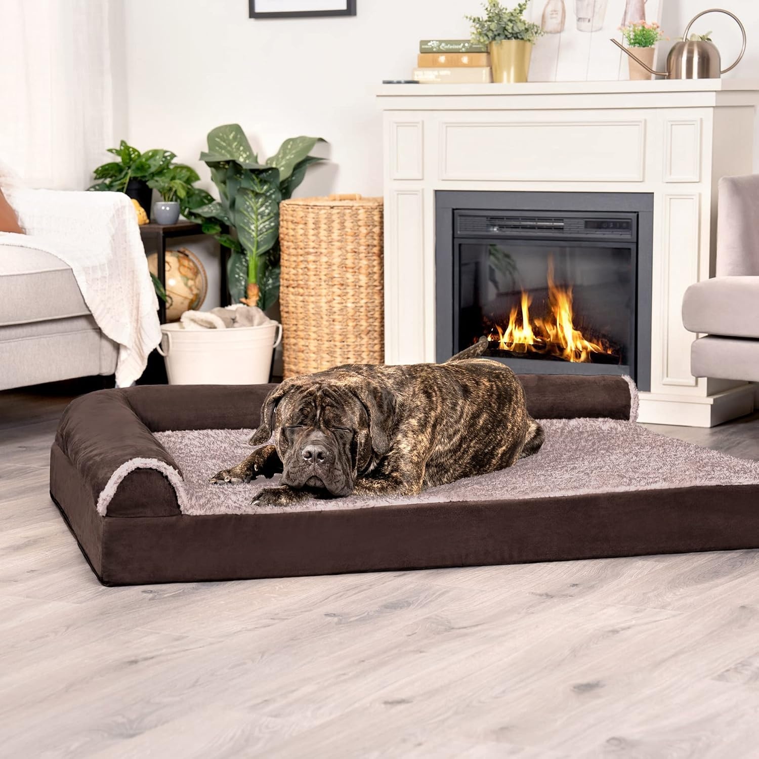 image:imageFurhaven Cooling Gel Dog Bed for Large Dogs w Removable Bolsters amp Washable Cover For Dogs Up to 125 lbs TwoTone Plush Faux Fur amp Suede L Shaped Chaise Espresso Jumbo PlusXXLTwoTone Faux Fur Suede Espresso