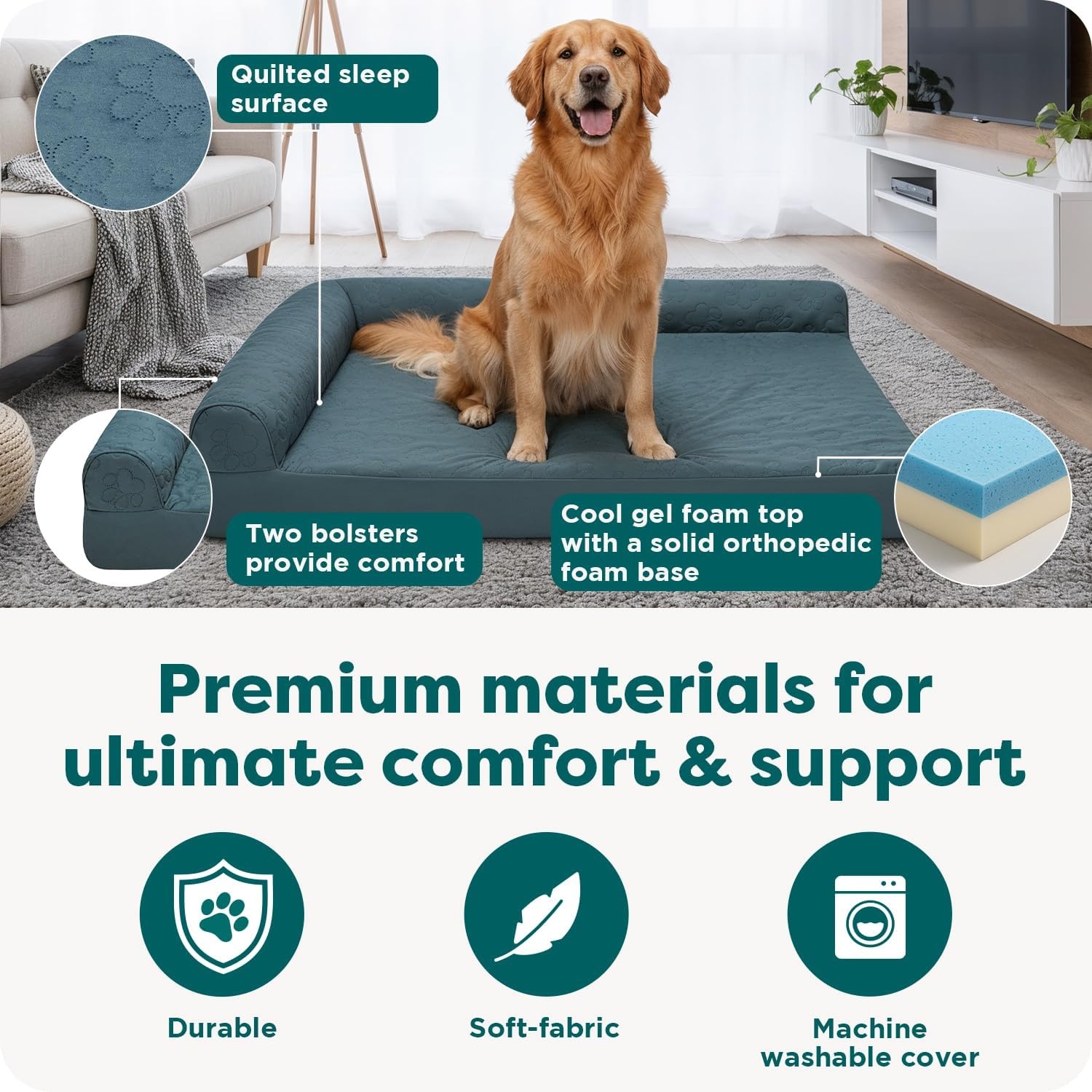 image:imageFurhaven Cooling Gel Dog Bed for Large Dogs w Removable Bolsters amp Washable Cover For Dogs Up to 125 lbs TwoTone Plush Faux Fur amp Suede L Shaped Chaise Espresso Jumbo PlusXXLQuilted Paw Titanium