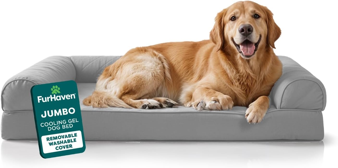 image:imageFurhaven Cooling Gel Dog Bed for Large Dogs w Removable Bolsters amp Washable Cover For Dogs Up to 125 lbs TwoTone Plush Faux Fur amp Suede L Shaped Chaise Espresso Jumbo PlusXXLTwoTone Faux Fur Suede Stone Gray