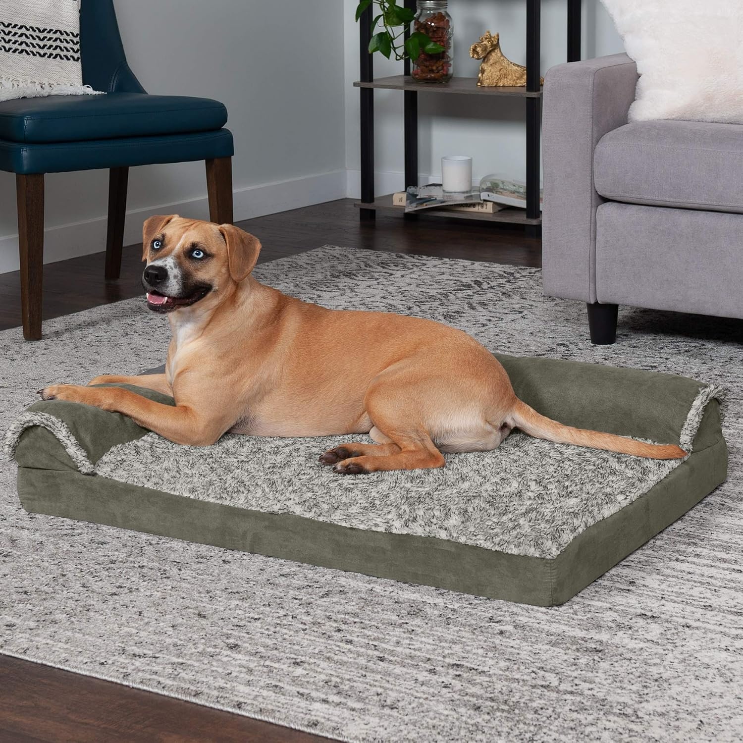 image:imageFurhaven Cooling Gel Dog Bed for Large Dogs w Removable Bolsters amp Washable Cover For Dogs Up to 125 lbs TwoTone Plush Faux Fur amp Suede L Shaped Chaise Espresso Jumbo PlusXXLTwoTone Faux Fur Suede Dark Sage
