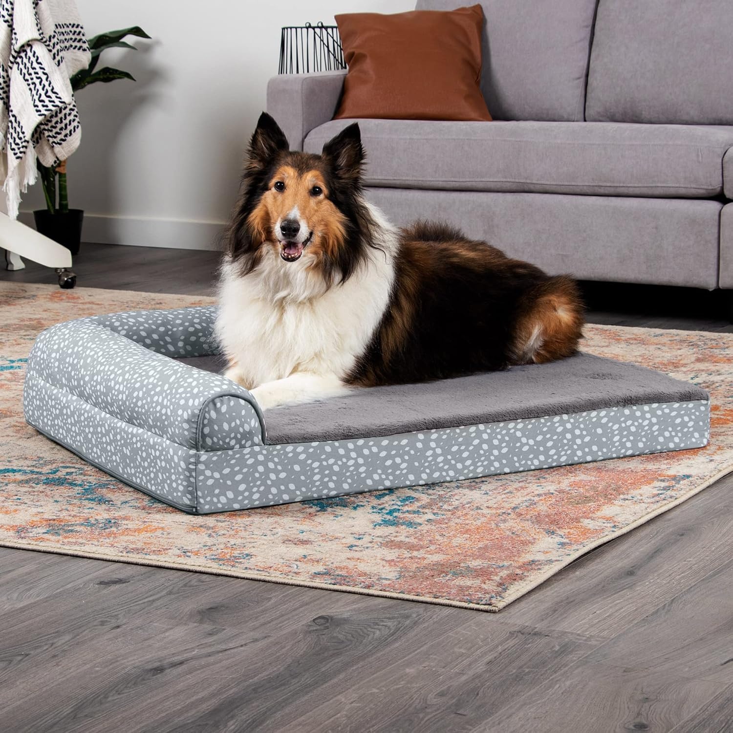 image:imageFurhaven Cooling Gel Dog Bed for Large Dogs w Removable Bolsters amp Washable Cover For Dogs Up to 125 lbs TwoTone Plush Faux Fur amp Suede L Shaped Chaise Espresso Jumbo PlusXXLPlush Almond Print Gray Almonds