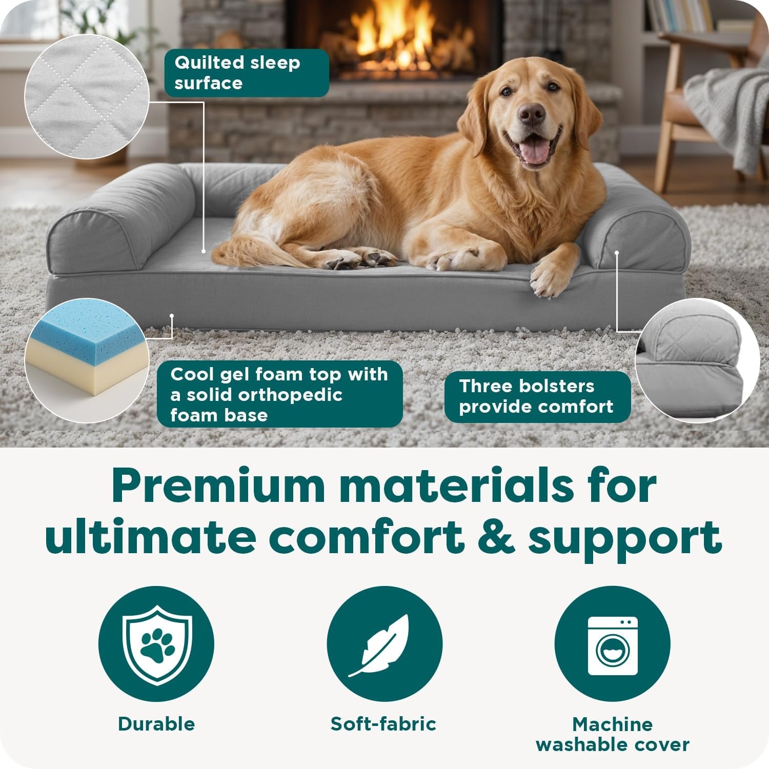 image:imageFurhaven Cooling Gel Dog Bed for Large Dogs w Removable Bolsters amp Washable Cover For Dogs Up to 125 lbs TwoTone Plush Faux Fur amp Suede L Shaped Chaise Espresso Jumbo PlusXXLTwoTone Faux Fur Suede Stone Gray