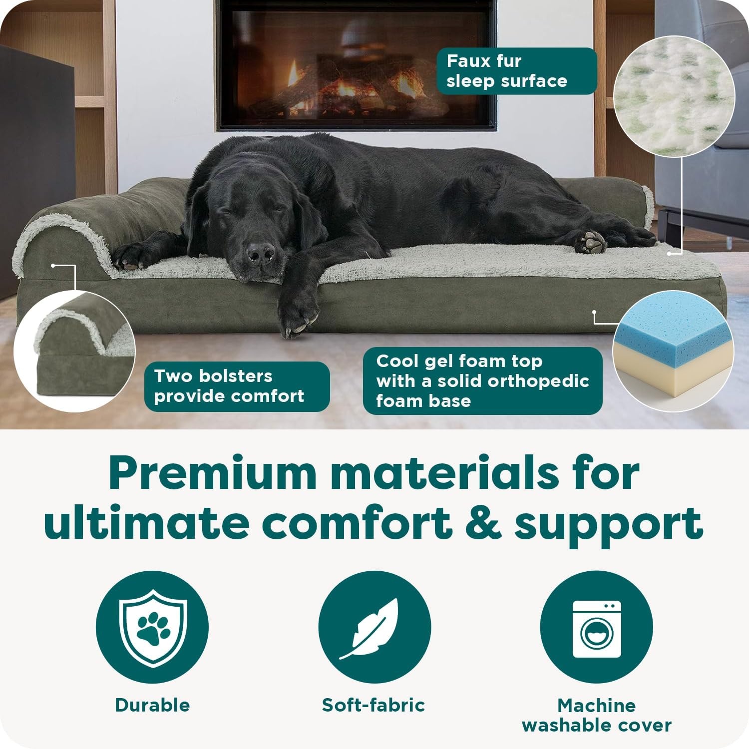 image:imageFurhaven Cooling Gel Dog Bed for Large Dogs w Removable Bolsters amp Washable Cover For Dogs Up to 125 lbs TwoTone Plush Faux Fur amp Suede L Shaped Chaise Espresso Jumbo PlusXXLTwoTone Faux Fur Suede Dark Sage