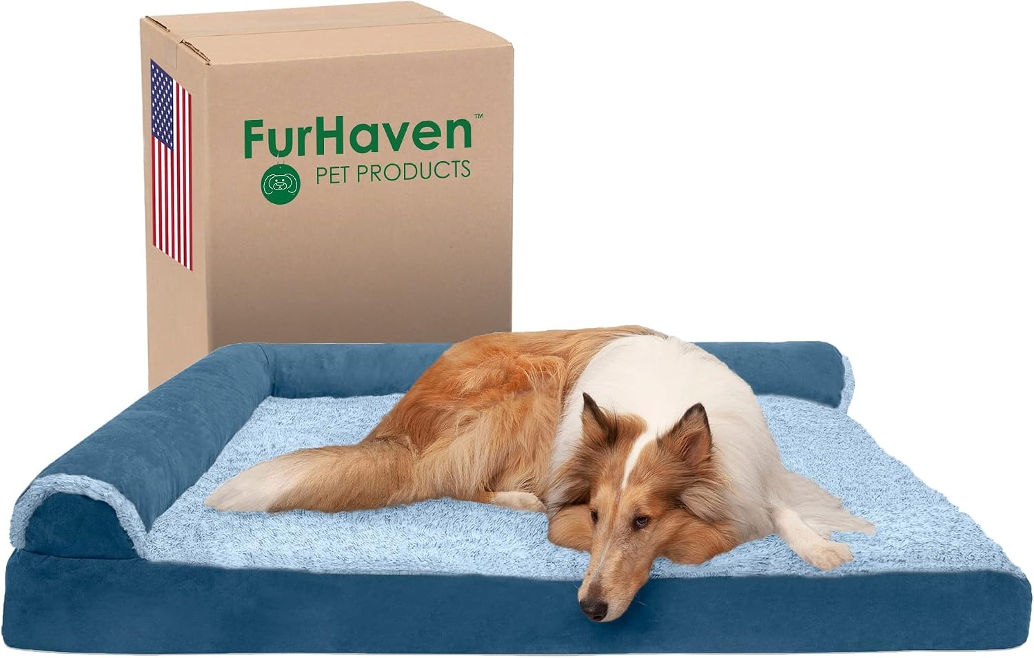 image:imageFurhaven Cooling Gel Dog Bed for Large Dogs w Removable Bolsters amp Washable Cover For Dogs Up to 125 lbs TwoTone Plush Faux Fur amp Suede L Shaped Chaise Espresso Jumbo PlusXXLTwoTone Faux Fur Suede Marine Blue