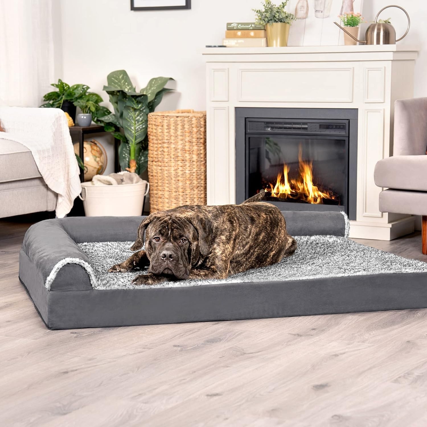 image:imageFurhaven Cooling Gel Dog Bed for Large Dogs w Removable Bolsters amp Washable Cover For Dogs Up to 125 lbs TwoTone Plush Faux Fur amp Suede L Shaped Chaise Espresso Jumbo PlusXXLTwoTone Faux Fur Suede Stone Gray