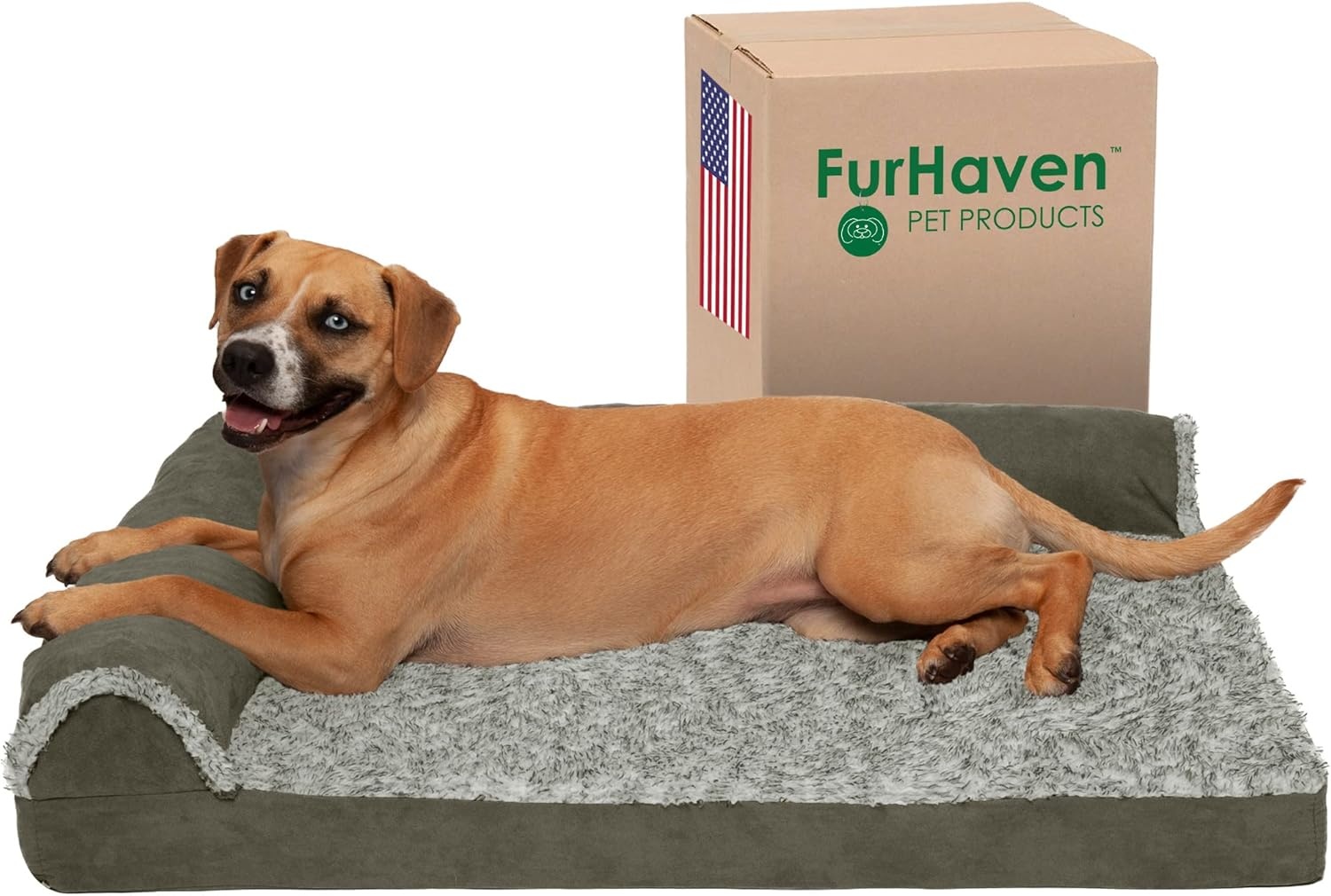 image:imageFurhaven Cooling Gel Dog Bed for Large Dogs w Removable Bolsters amp Washable Cover For Dogs Up to 125 lbs TwoTone Plush Faux Fur amp Suede L Shaped Chaise Espresso Jumbo PlusXXLTwoTone Faux Fur Suede Dark Sage