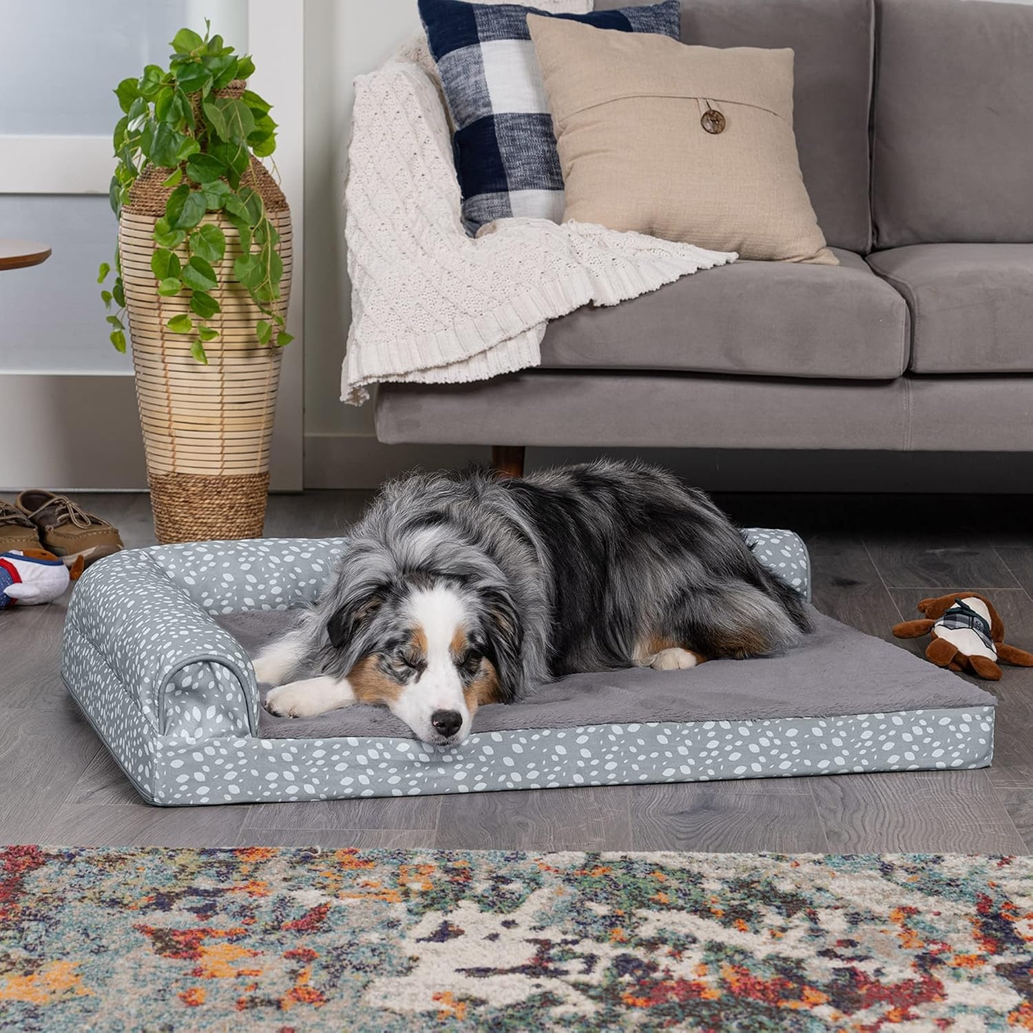 image:imageFurhaven Cooling Gel Dog Bed for Large Dogs w Removable Bolsters amp Washable Cover For Dogs Up to 125 lbs TwoTone Plush Faux Fur amp Suede L Shaped Chaise Espresso Jumbo PlusXXLPlush Almond Print Gray Almonds