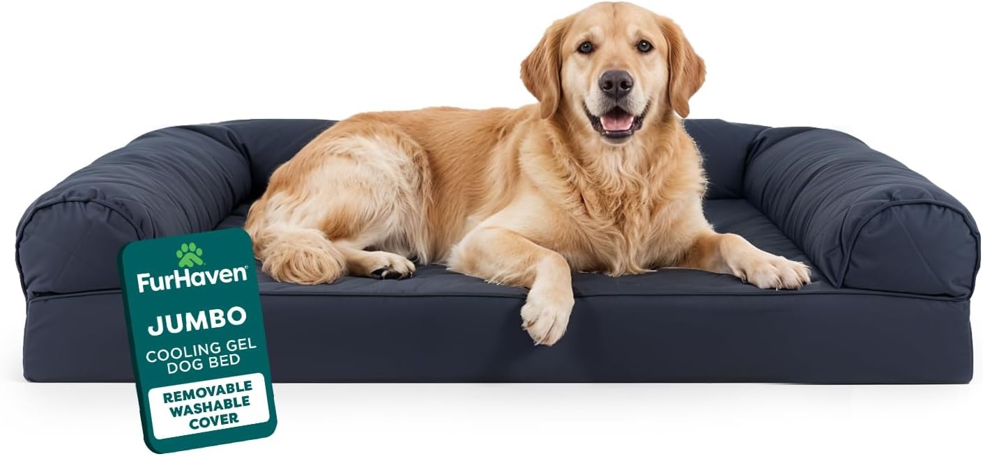 image:imageFurhaven Cooling Gel Dog Bed for Large Dogs w Removable Bolsters amp Washable Cover For Dogs Up to 95 lbs Luxe Faux Fur amp Performance Linen Sofa Charcoal JumboXLIron Gray