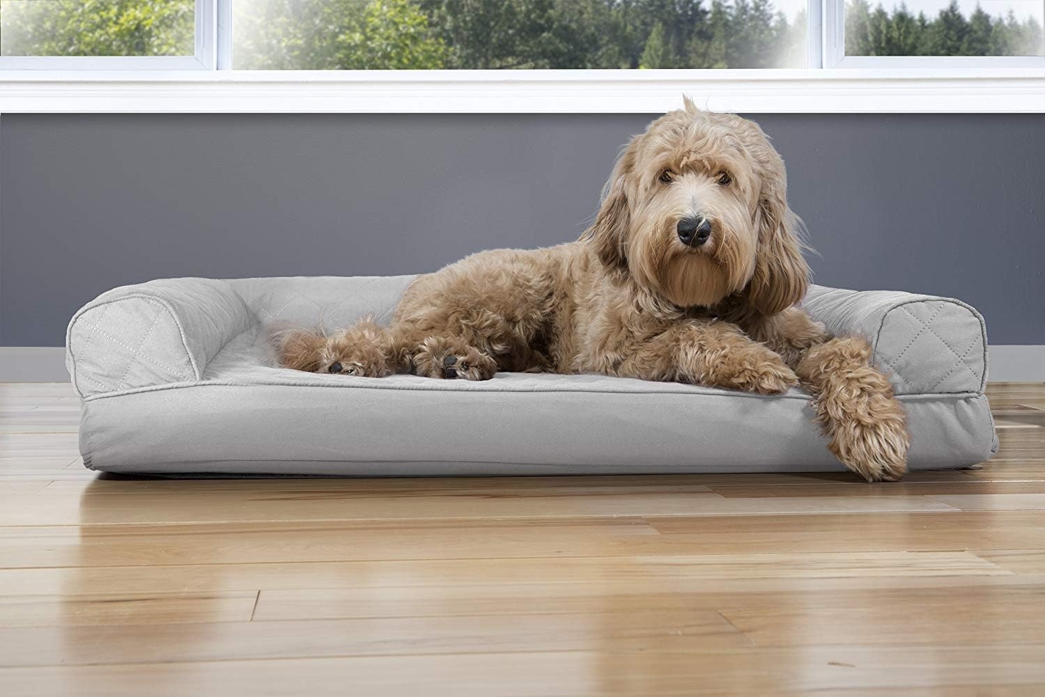 image:imageFurhaven Cooling Gel Dog Bed for Large Dogs w Removable Bolsters amp Washable Cover For Dogs Up to 95 lbs Luxe Faux Fur amp Performance Linen Sofa Charcoal JumboXLSilver Gray