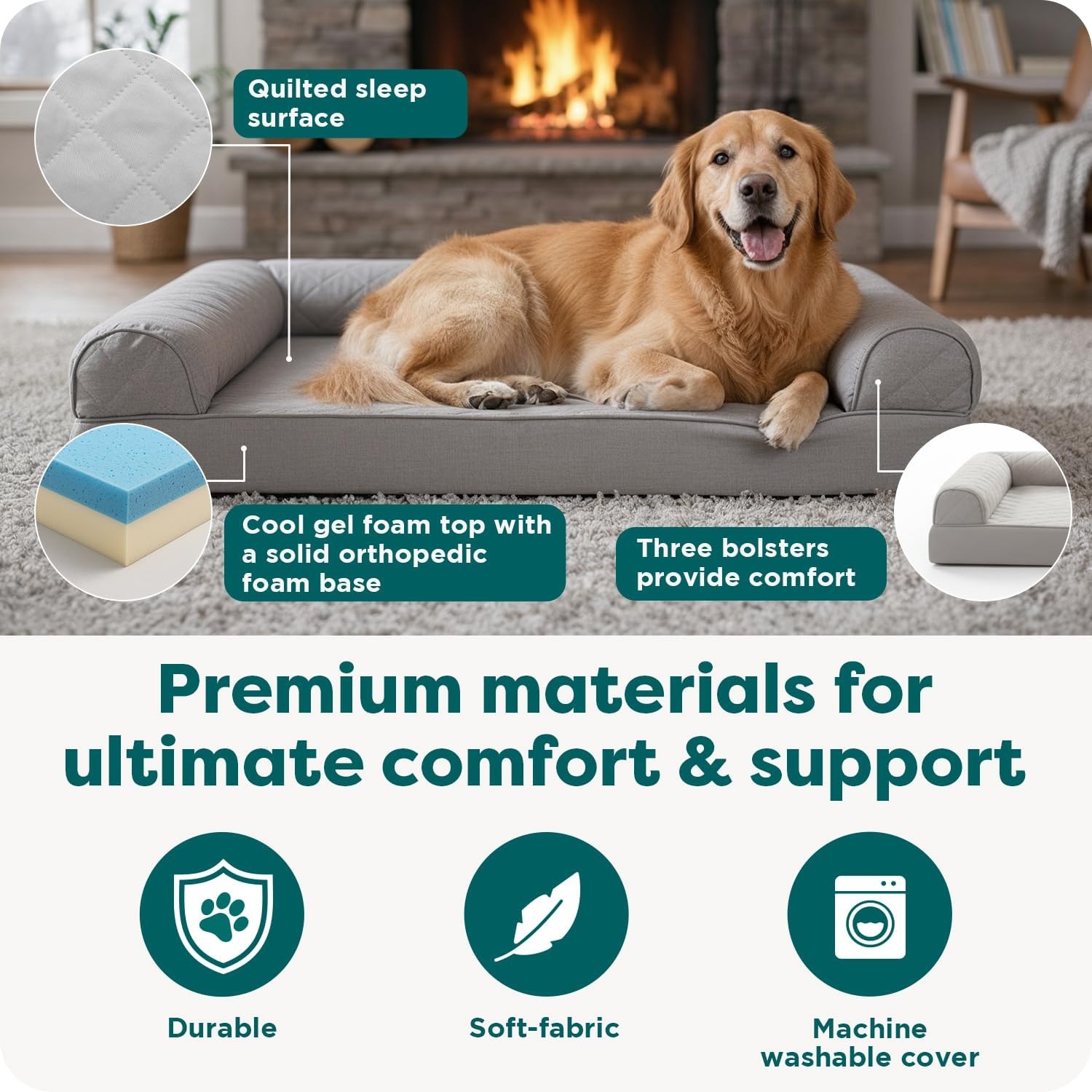 image:imageFurhaven Cooling Gel Dog Bed for Large Dogs w Removable Bolsters amp Washable Cover For Dogs Up to 95 lbs Luxe Faux Fur amp Performance Linen Sofa Charcoal JumboXLSilver Gray