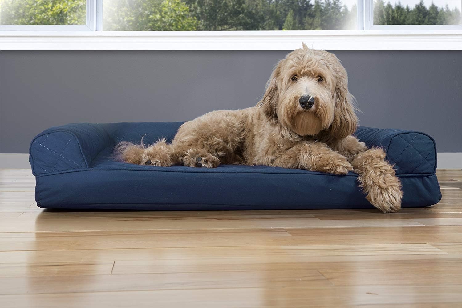 image:imageFurhaven Cooling Gel Dog Bed for Large Dogs w Removable Bolsters amp Washable Cover For Dogs Up to 95 lbs Luxe Faux Fur amp Performance Linen Sofa Charcoal JumboXLNavy Blue