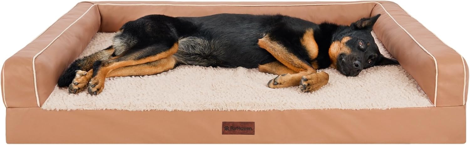 image:imageFurhaven Cooling Gel Dog Bed for Large Dogs w Removable Bolsters amp Washable Cover For Dogs Up to 95 lbs Luxe Faux Fur amp Performance Linen Sofa Charcoal JumboXLCamel