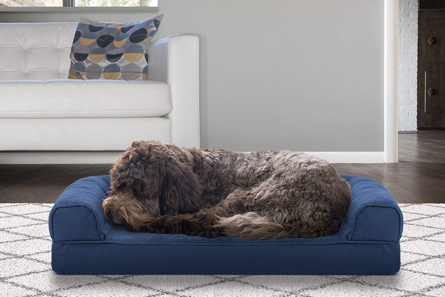 image:imageFurhaven Cooling Gel Dog Bed for Large Dogs w Removable Bolsters amp Washable Cover For Dogs Up to 95 lbs Luxe Faux Fur amp Performance Linen Sofa Charcoal JumboXLNavy Blue