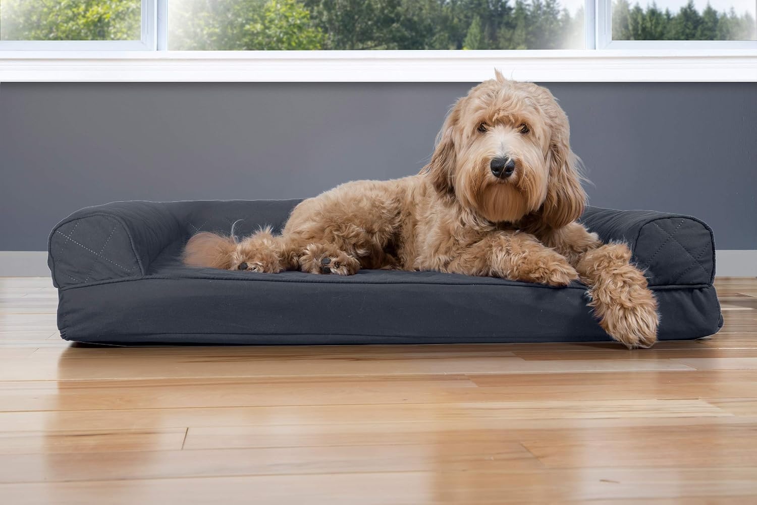 image:imageFurhaven Cooling Gel Dog Bed for Large Dogs w Removable Bolsters amp Washable Cover For Dogs Up to 95 lbs Luxe Faux Fur amp Performance Linen Sofa Charcoal JumboXLIron Gray
