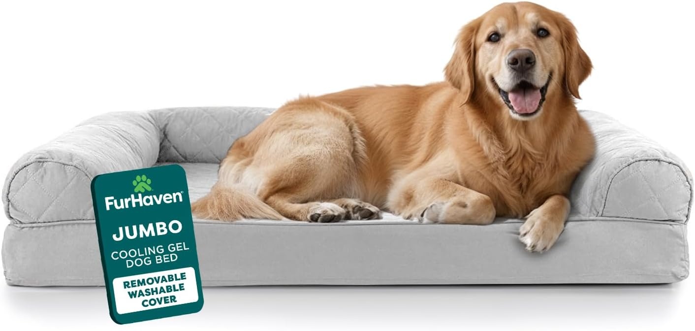 image:imageFurhaven Cooling Gel Dog Bed for Large Dogs w Removable Bolsters amp Washable Cover For Dogs Up to 95 lbs Luxe Faux Fur amp Performance Linen Sofa Charcoal JumboXLSilver Gray