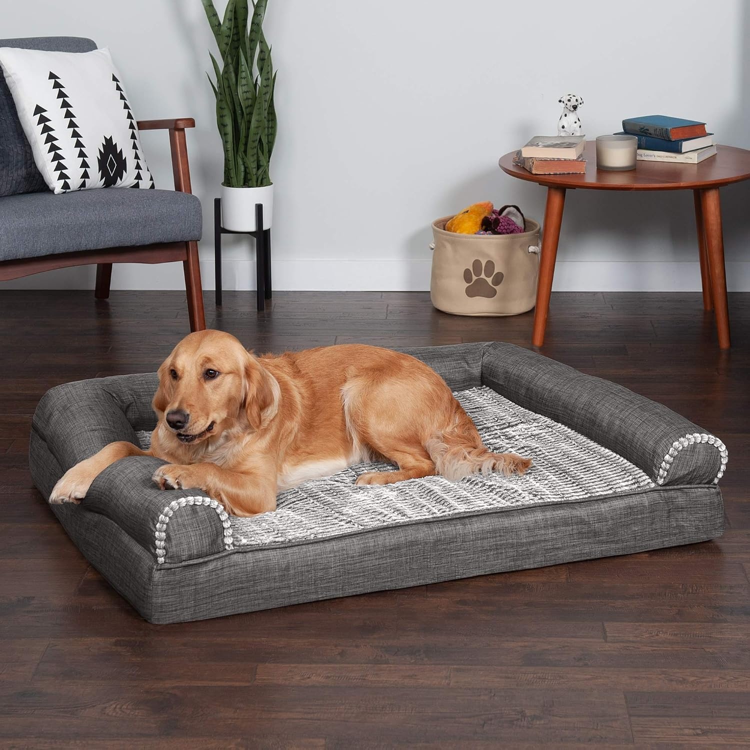 image:imageFurhaven Cooling Gel Dog Bed for Large Dogs w Removable Bolsters amp Washable Cover For Dogs Up to 95 lbs Luxe Faux Fur amp Performance Linen Sofa Charcoal JumboXLCharcoal