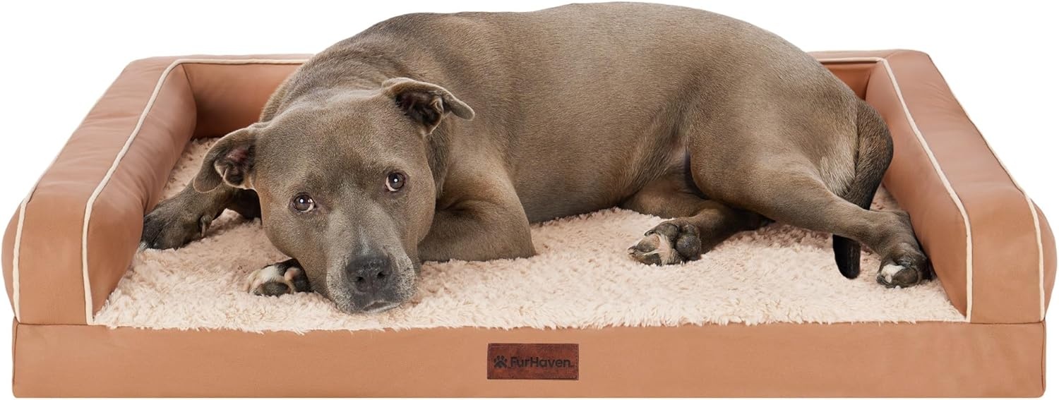 image:imageFurhaven Cooling Gel Dog Bed for Large Dogs w Removable Bolsters amp Washable Cover For Dogs Up to 95 lbs Luxe Faux Fur amp Performance Linen Sofa Charcoal JumboXLCamel