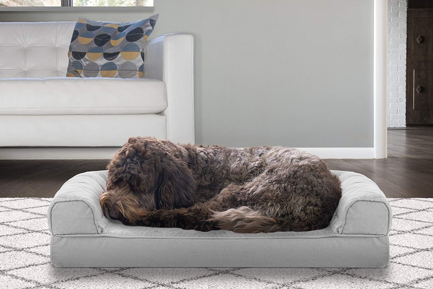 image:imageFurhaven Cooling Gel Dog Bed for Large Dogs w Removable Bolsters amp Washable Cover For Dogs Up to 95 lbs Luxe Faux Fur amp Performance Linen Sofa Charcoal JumboXLSilver Gray