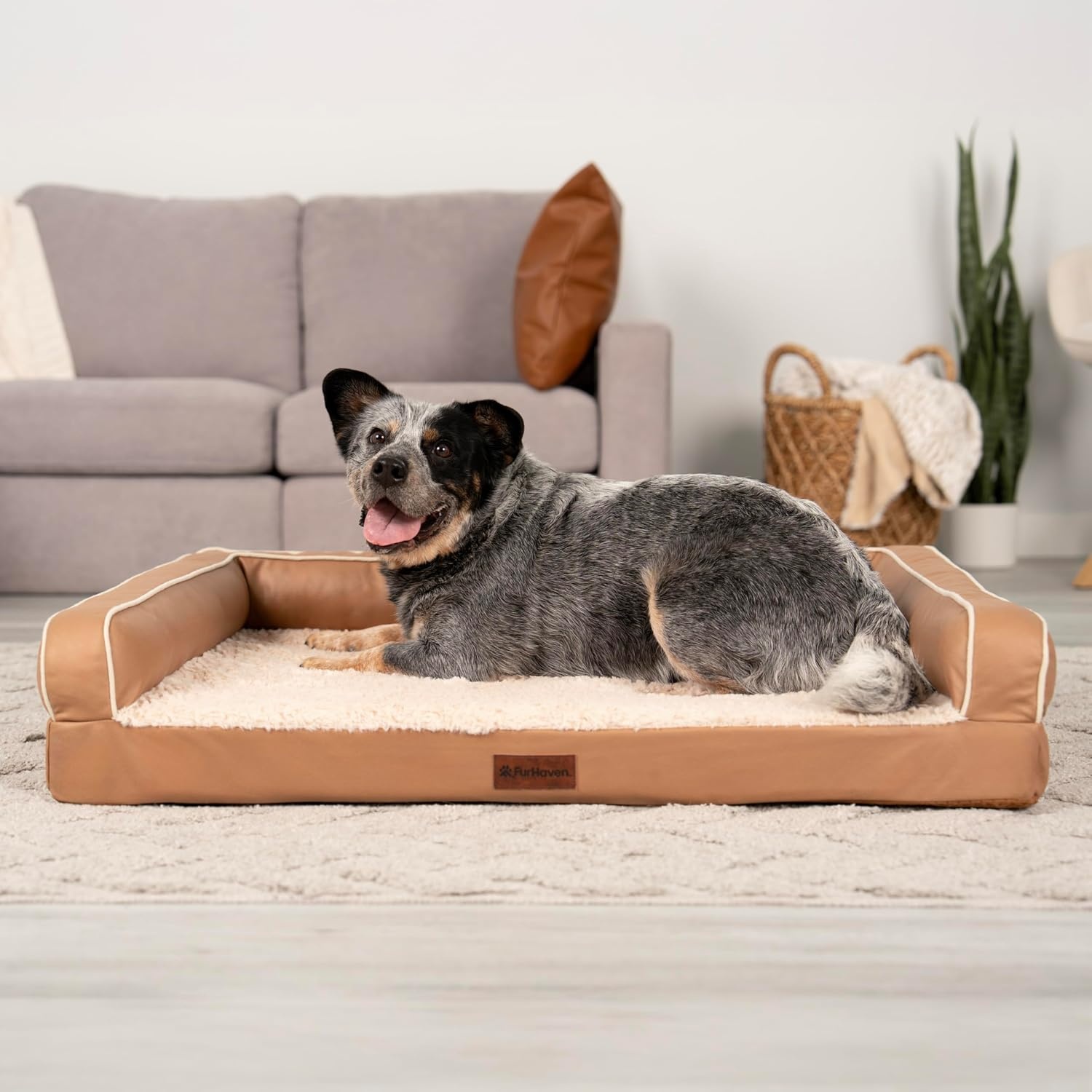 image:imageFurhaven Cooling Gel Dog Bed for Large Dogs w Removable Bolsters amp Washable Cover For Dogs Up to 95 lbs Luxe Faux Fur amp Performance Linen Sofa Charcoal JumboXLCamel