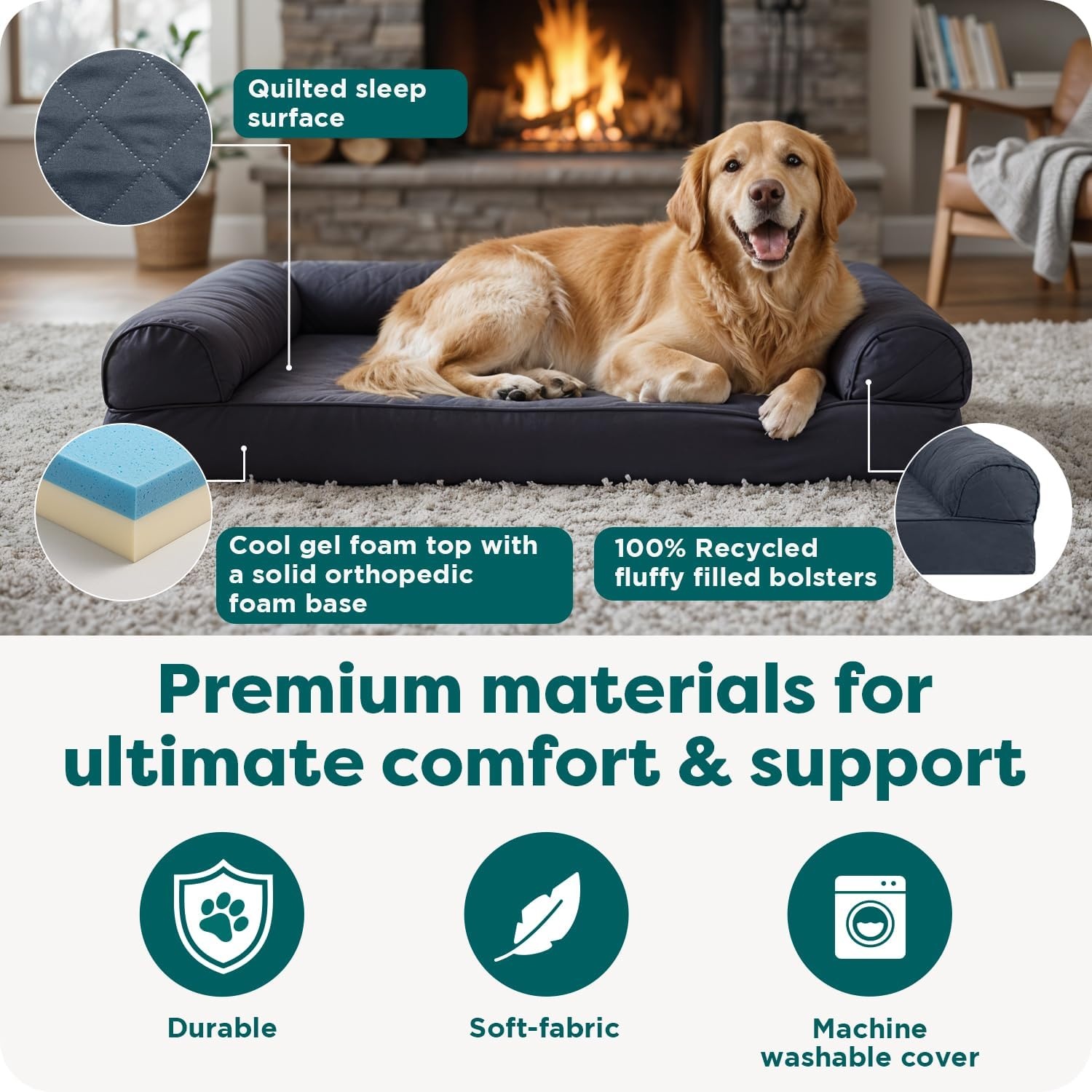 image:imageFurhaven Cooling Gel Dog Bed for Large Dogs w Removable Bolsters amp Washable Cover For Dogs Up to 95 lbs Luxe Faux Fur amp Performance Linen Sofa Charcoal JumboXLIron Gray