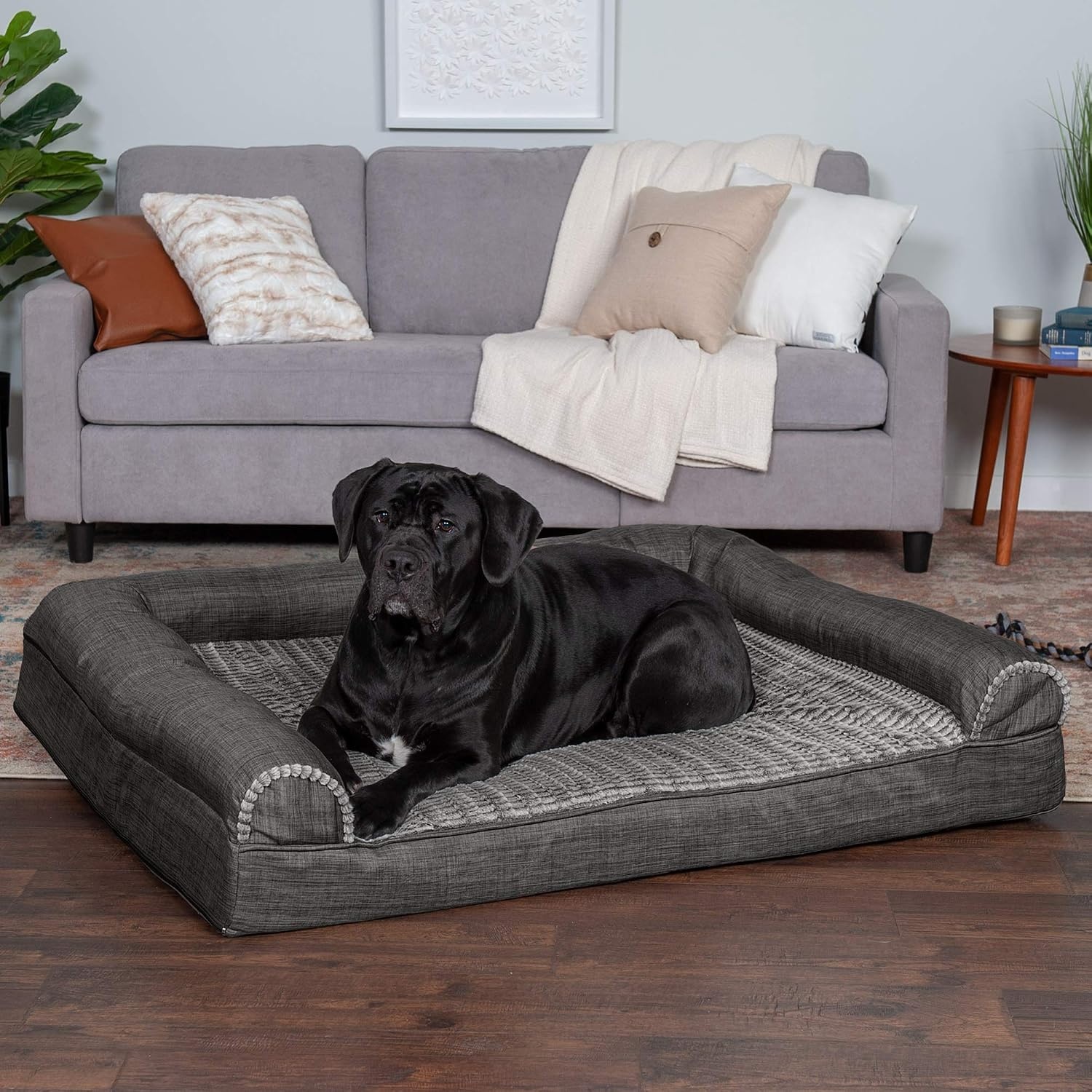 image:imageFurhaven Cooling Gel Dog Bed for Large Dogs w Removable Bolsters amp Washable Cover For Dogs Up to 95 lbs Luxe Faux Fur amp Performance Linen Sofa Charcoal JumboXLCharcoal